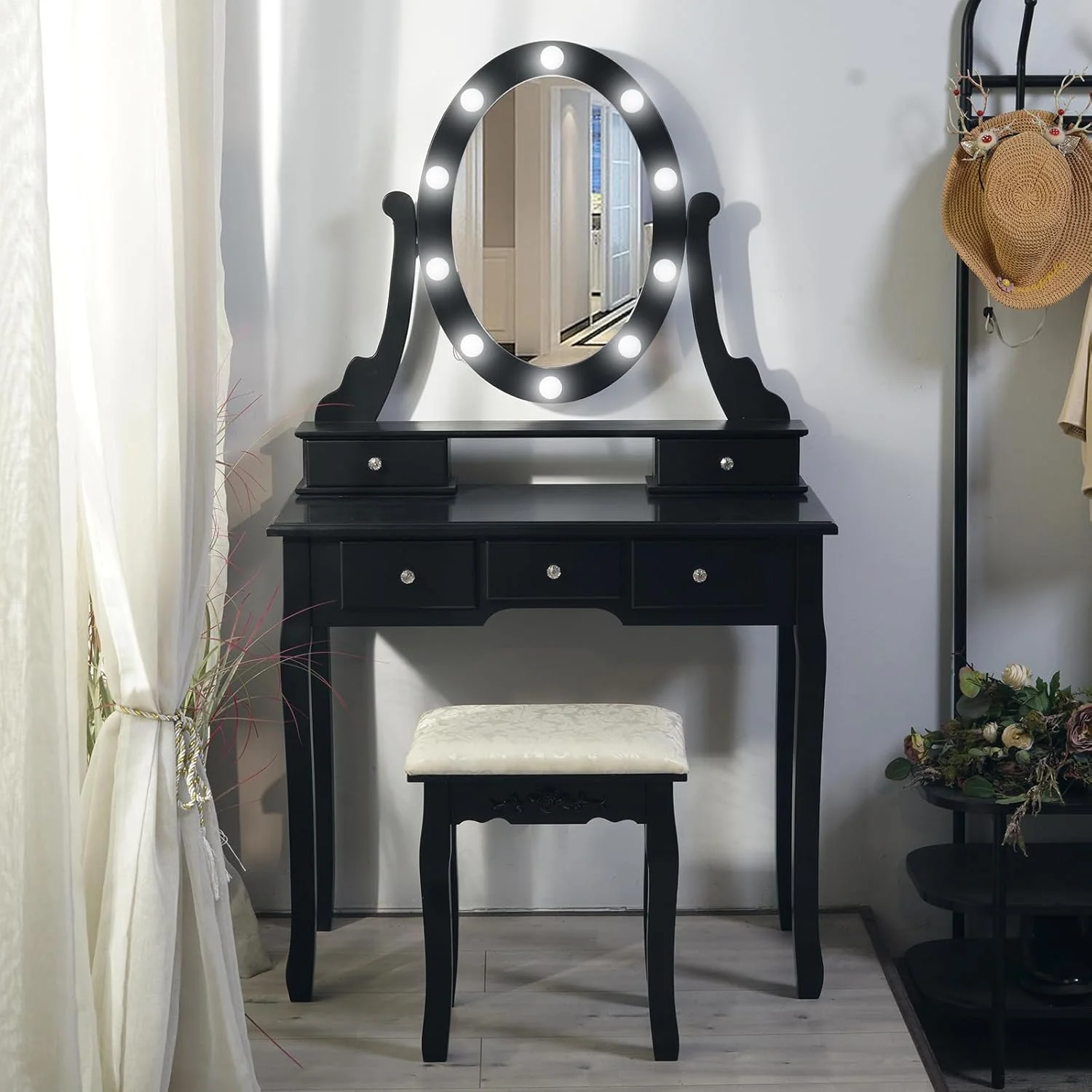Vanity Desk,Makeup Vanity,with Mirror and Lights,Vanity Desk with Mirror and Lights, Wood Makeup Dressing Table Stool with Oval Mirror 3 Colors Lighting Modes Modern,Black - Image 3