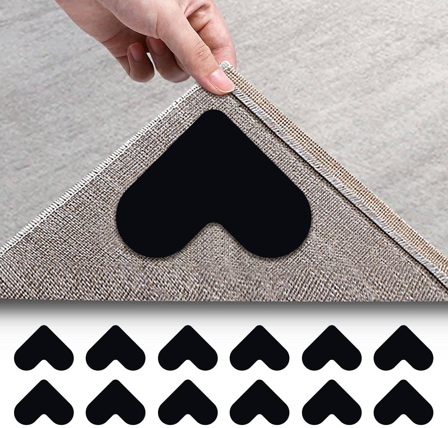 Kppex 12 Pack Rug Gripper Double Sided Non-Slip Rug Pads Rug Tape Stickers Washable Area Rug Pad Carpet Tape Corner Side Gripper for Hardwood Floors A