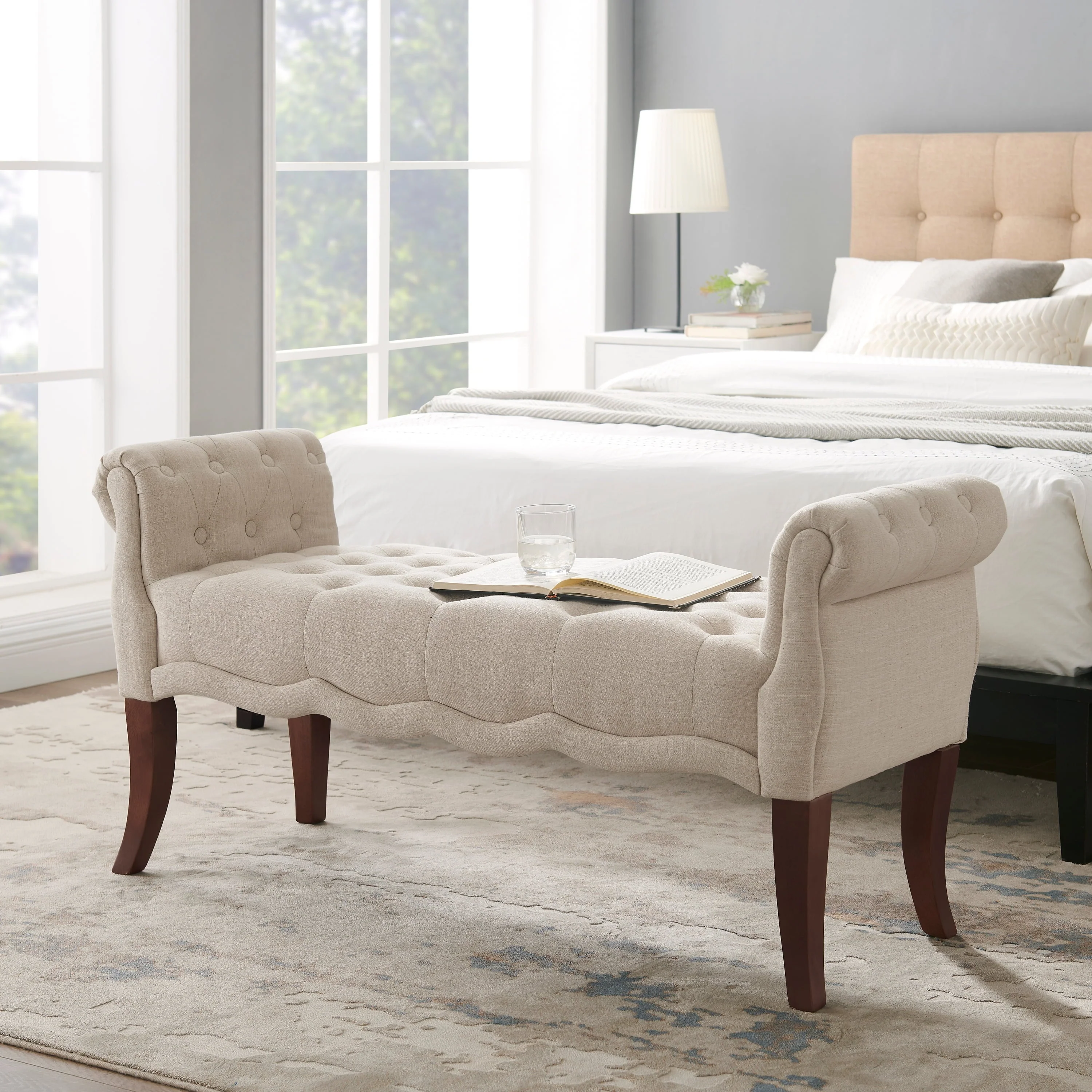 Menlo Rolled Arm Button Tufted Bench, Dark Walnut Finish with Natural Fabric(Dark Espress) Image 2