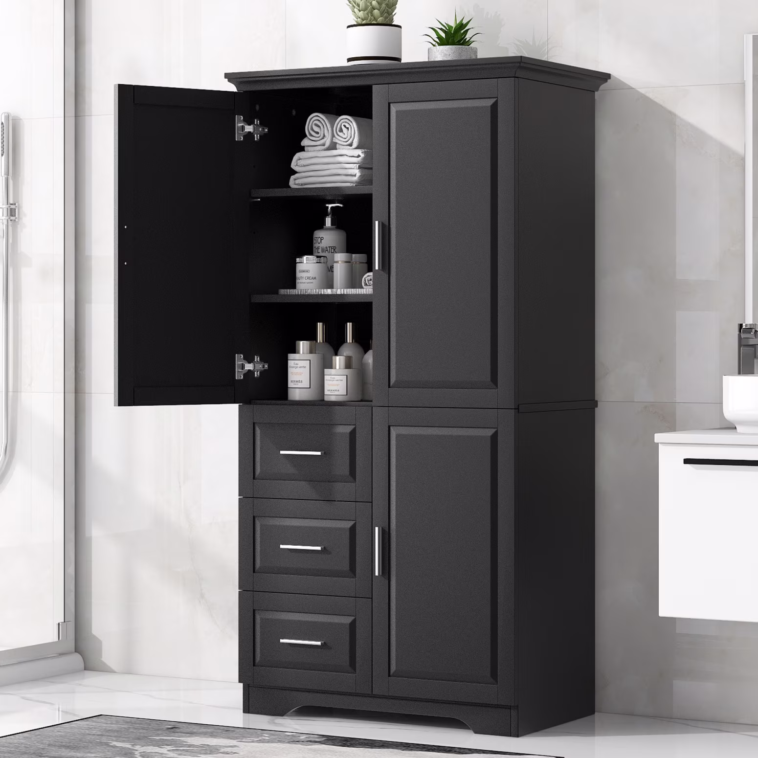 Bathroom Cabinet, 62.2" Tall Storage Cabinet with Doors and Shelves, Freestanding Linen Closet for Bathroom, Kitchen, Living Room, Grey(Grey) - Image 3