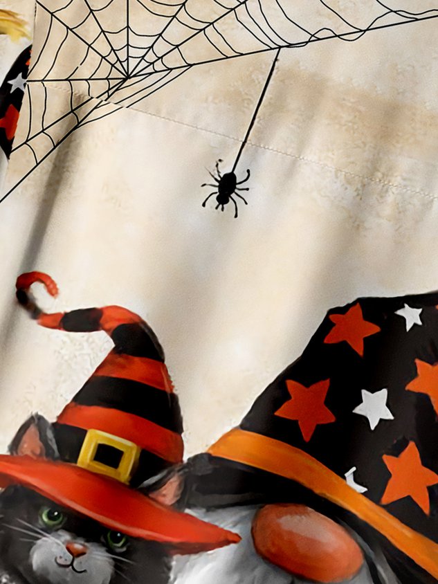 Chemise décontractée à manches courtes avec poche poitrine et motif gnomes et chats d'Halloween
