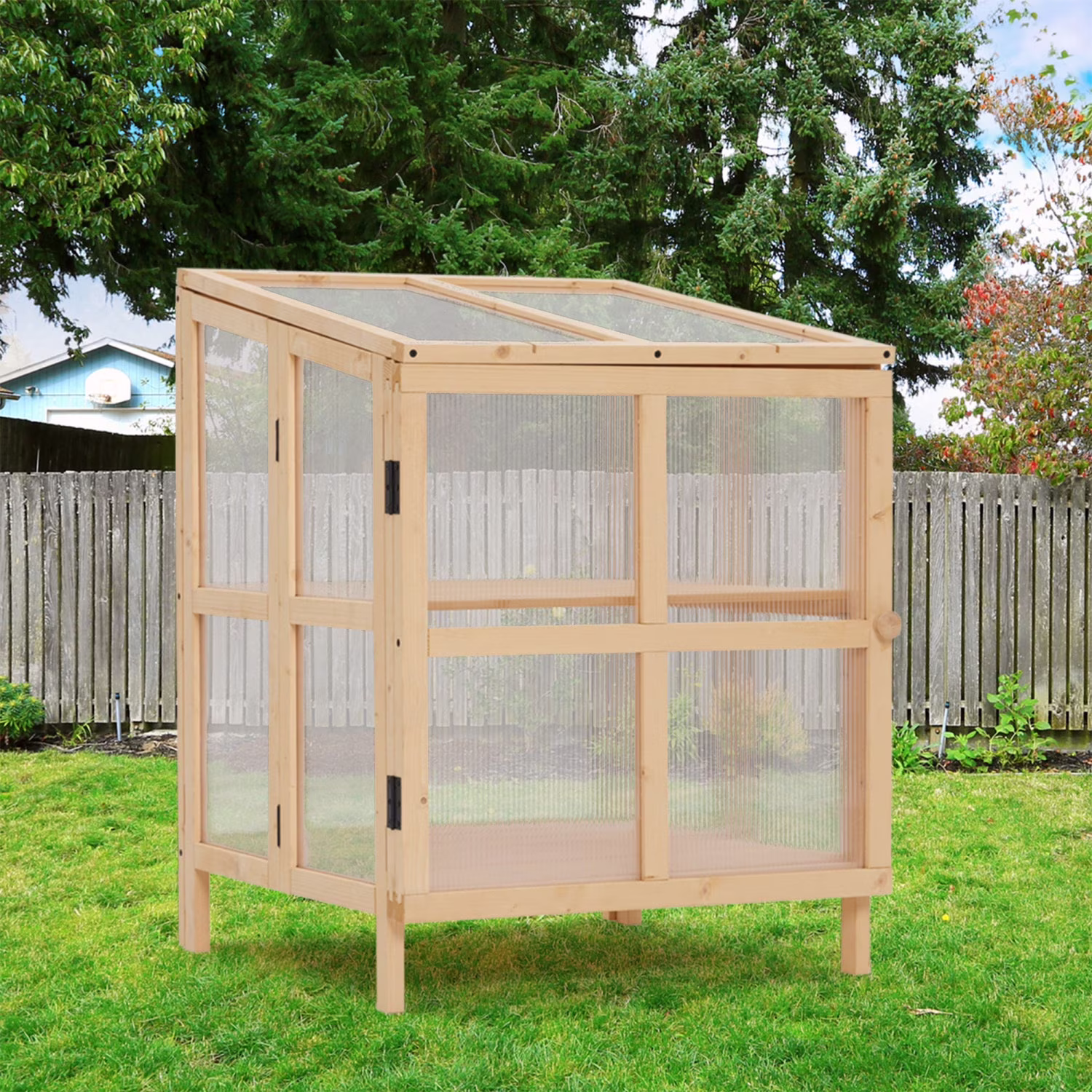 Youmumeub Wooden Cold Frame Greenhouse, 2-Tier Raised Garden Planter with Polycarbonate Panels for Season Extension, Foldable, Natural Wood