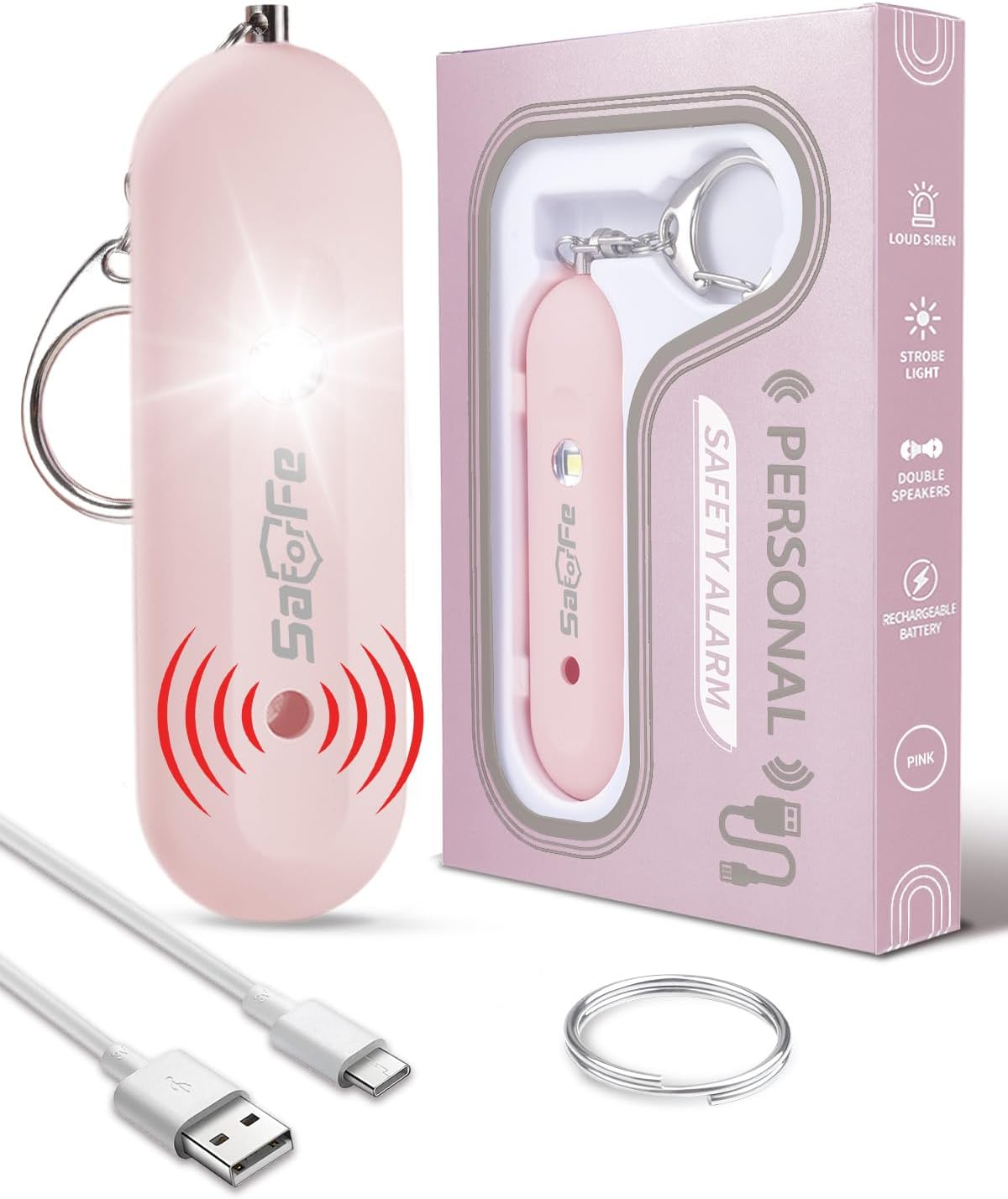 Personal Safety Alarm for Women - Waterproof Rechargeable Security Alarm - 140dB Extra Loud Siren with SOS Strobe Light - Self Defense Keychain for Women Girls Teens Seniors(Pink)