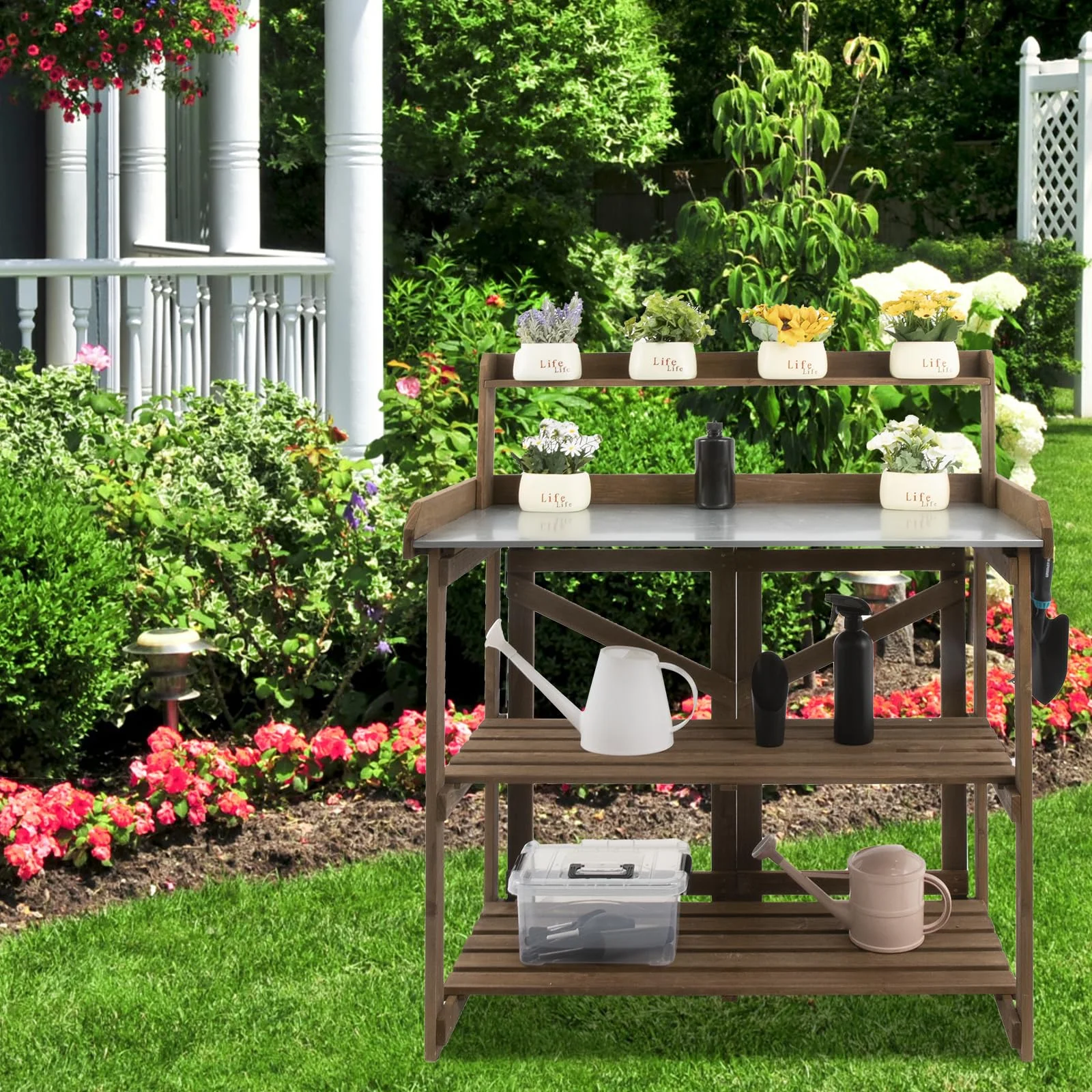 Outdoor Wooden Folding Potting Bench Table, Fir Wood Garden Workstation with Galvanized Tabletop, 2 Tier Storage Shelves, Brown(35"Lx17.3"Wx46"H) - Image 9