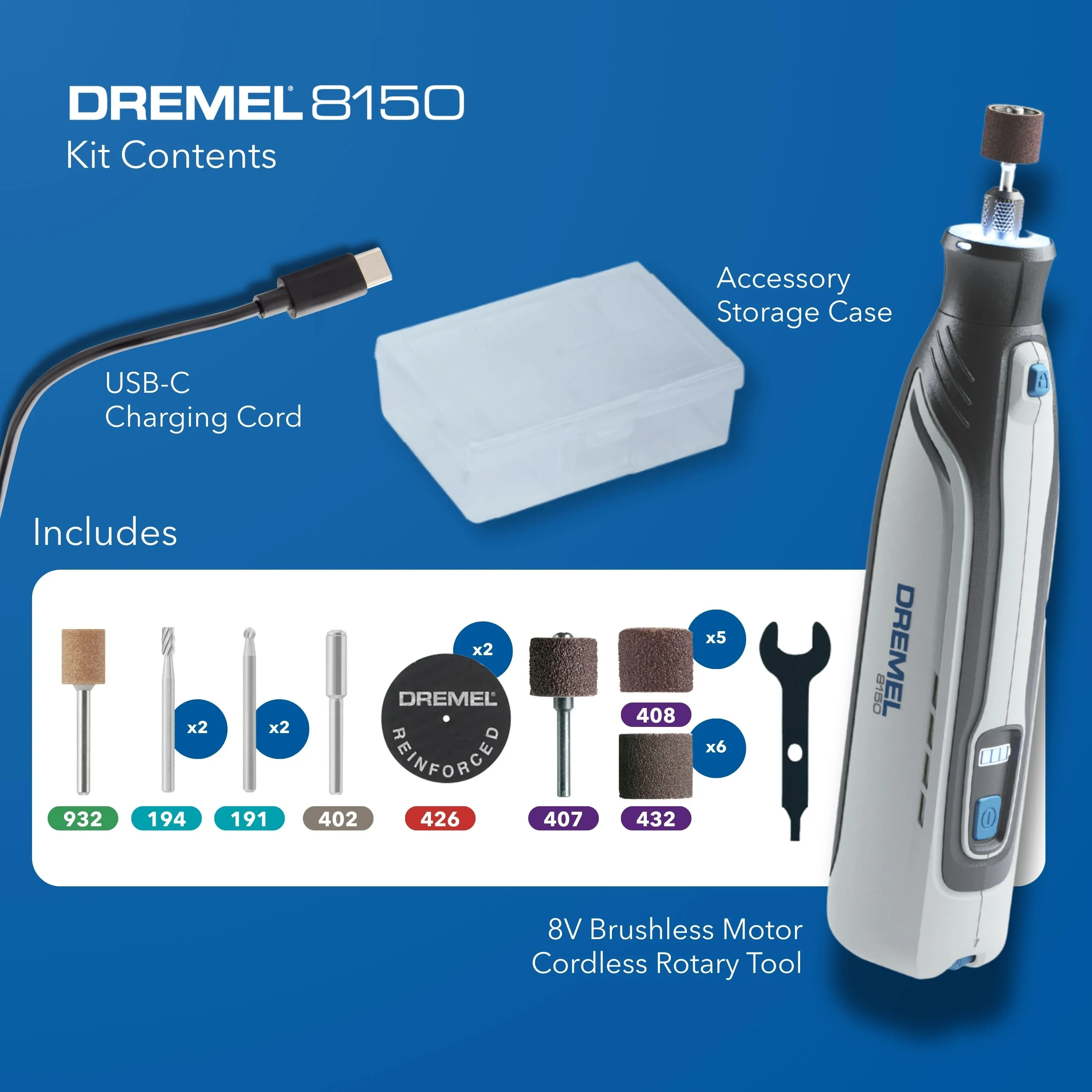 Dremel 8150-N/20 8V-Cordless Variable Speed Rotary Tool, Integrated 2Ah Battery, LED Nose Cap Light, 20 Accessories