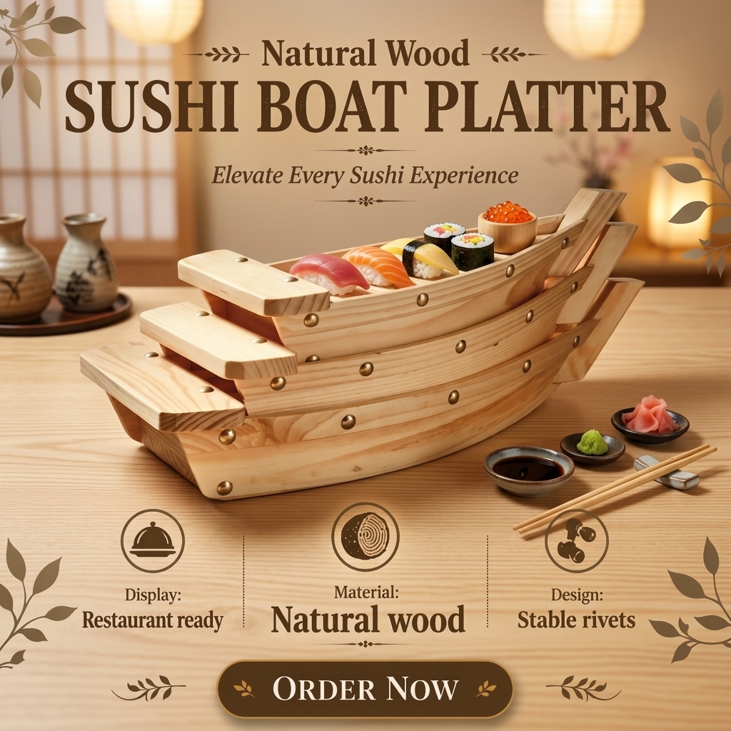 Eco-Friendly Large Sushi Platter Pine Wood Serving Boat Japanese Restaurant Durable Sashimi Display Tray
