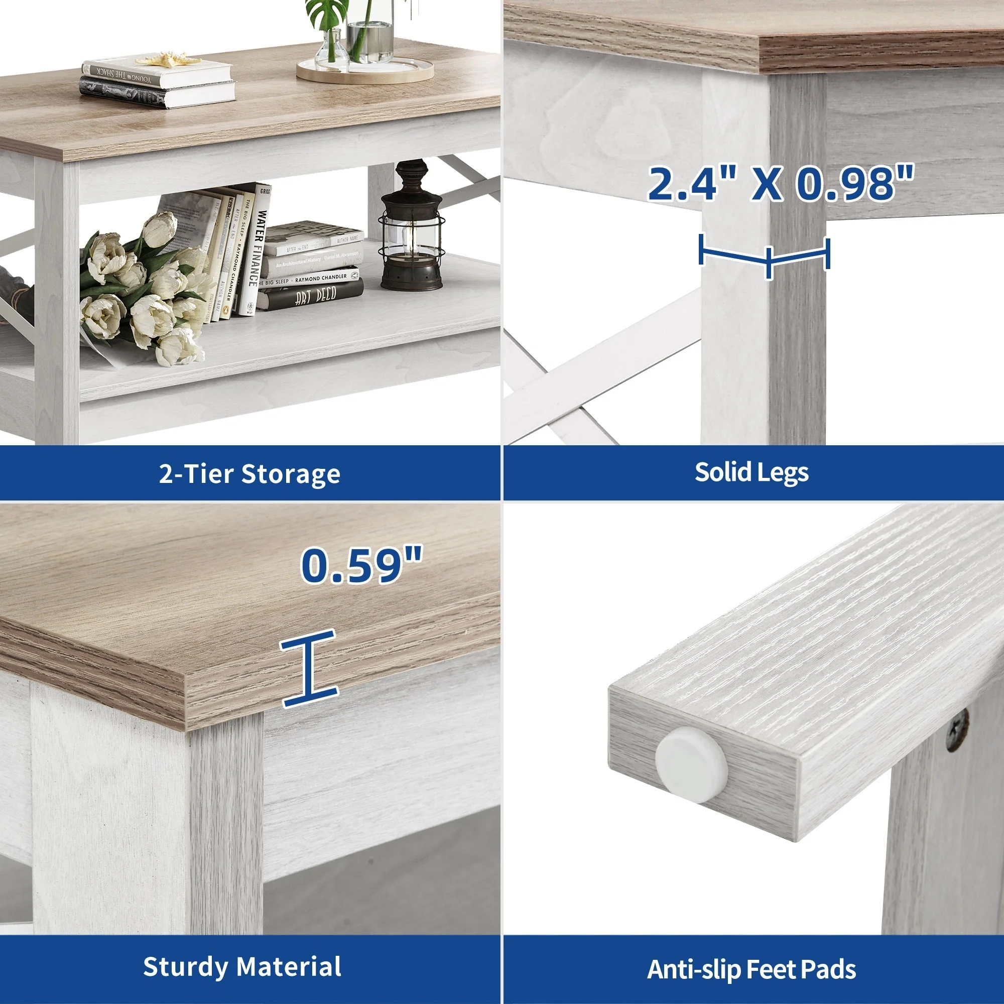 Farmhouse Coffee Table with Storage 2-Tier Center Table for Living Room Grey Wash Top+White(Grey Wash Top+White) - Image 7