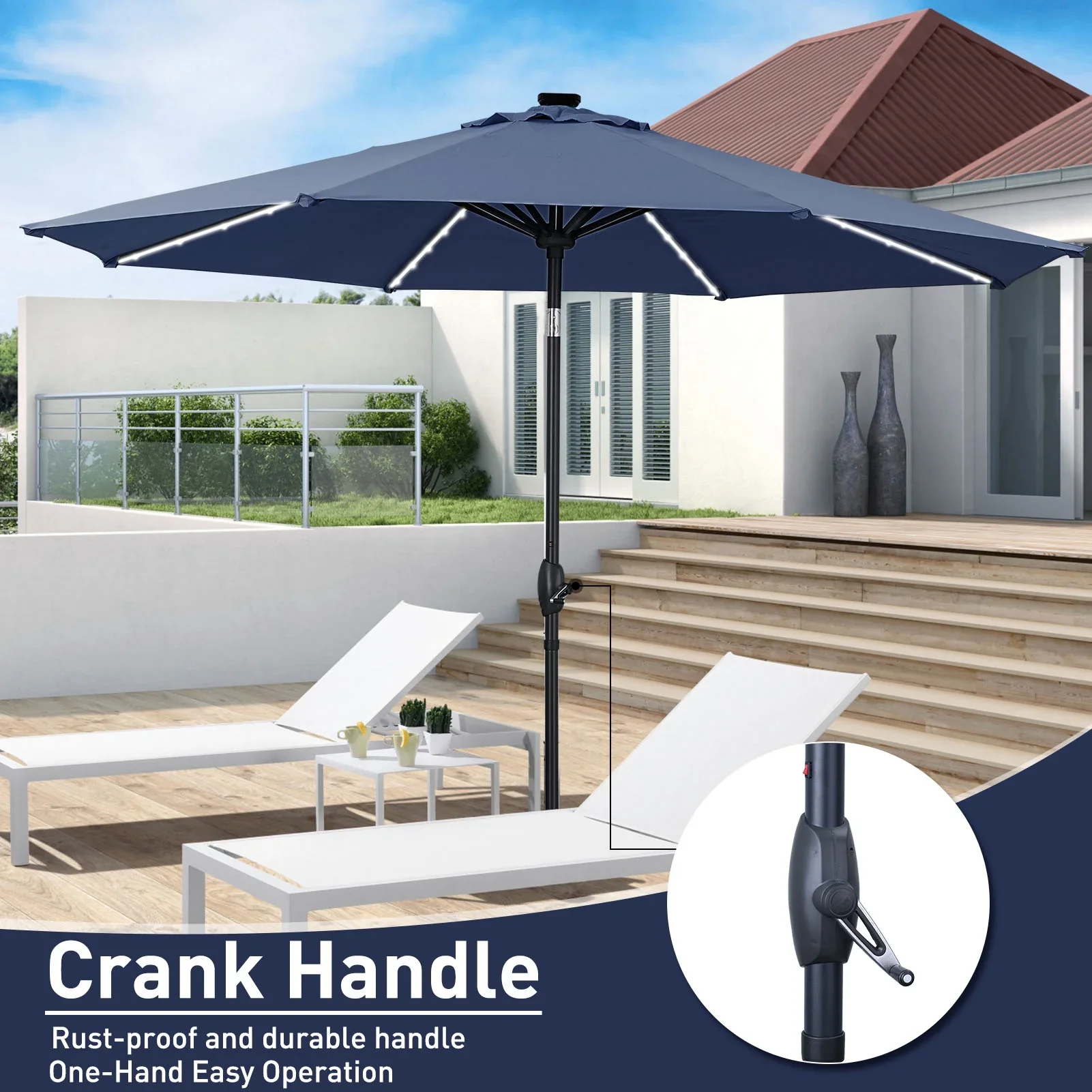 Autlaycil 10 FT Solar LED Lighted Patio Umbrella with LED Table Umbrella with 8 LED Strip Lights, Fade-resistant & Waterproof for Garden, Backyard, Poolside, Push Button Tilt (Blue)