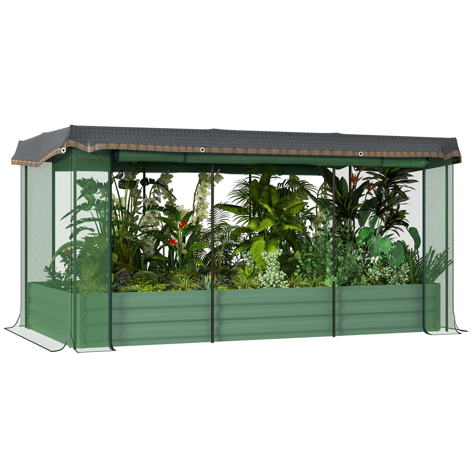 Outsunny Galvanized Raised Garden Bed with Crop Cage & Shade Cloth, Beige