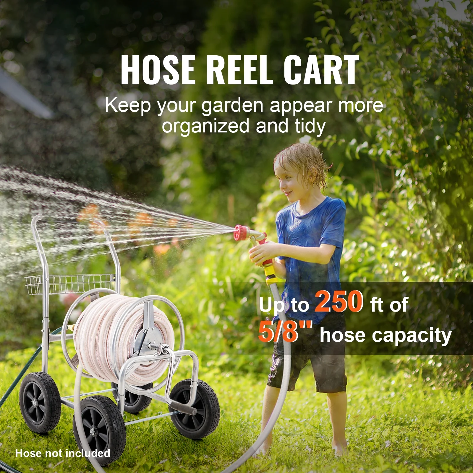 Hose Reel Cart with Wheels, Metal Hose Reel Holds 250 Feet of 5/8" Hose Capacity Heavy Duty Outdoor Water Planting Truck for Yard, Garden(250 ft) Image 2