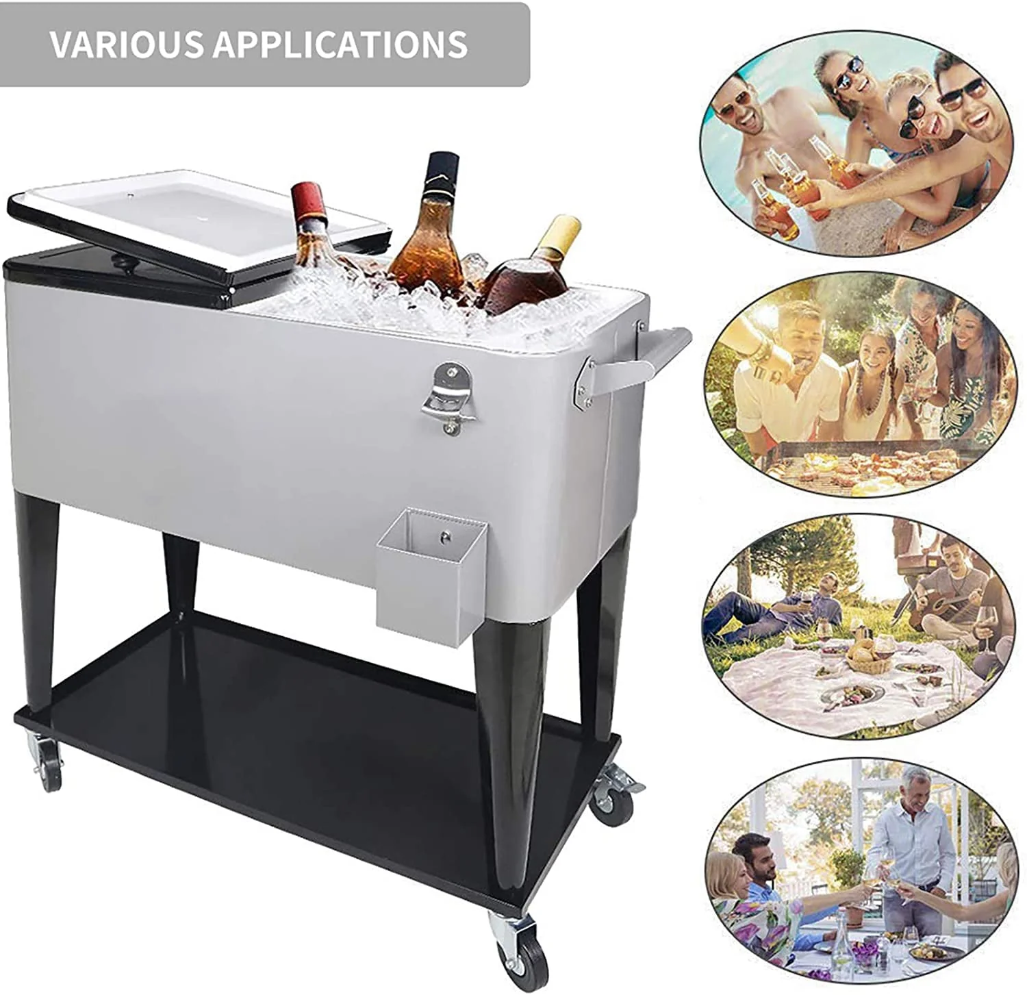 FreeLung 80QT Rolling Cooler Cart with Wheels Ice Chest Outdoor Backyard Coolers on Wheels Silver(Black) Image 5