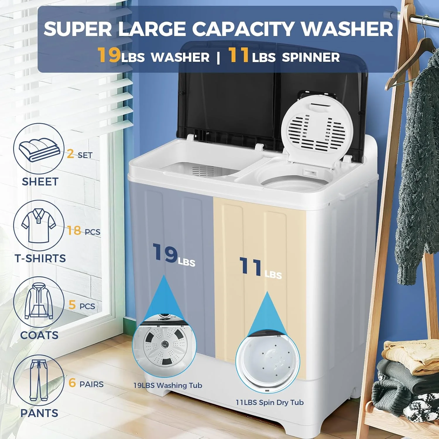 Portable Washer 30lbs, 2-in-1 Twin Tub Washer Dryer Combo Compact Semi-Automatic Washing Machine with Drain Pump, Black(Black) - Image 2