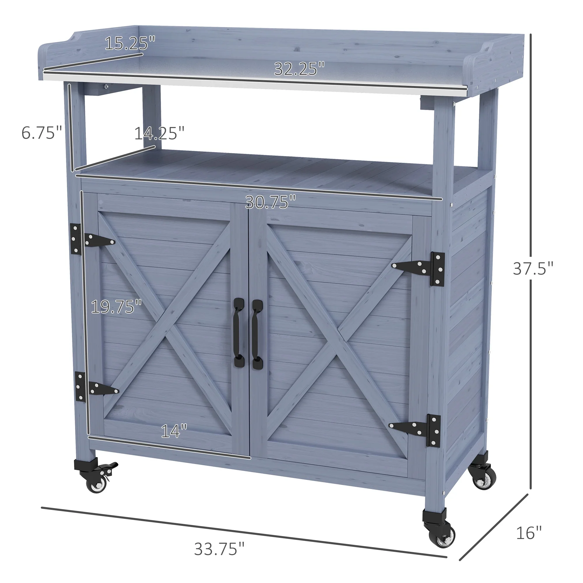 QISHENSHUI Practical Outdoor Potting Bench with Storage Bins & Shelves �C Solid Aluminum Table Top and Portable Rolling Wheels for Garden, Backyard & Outdoor Planting, Gray