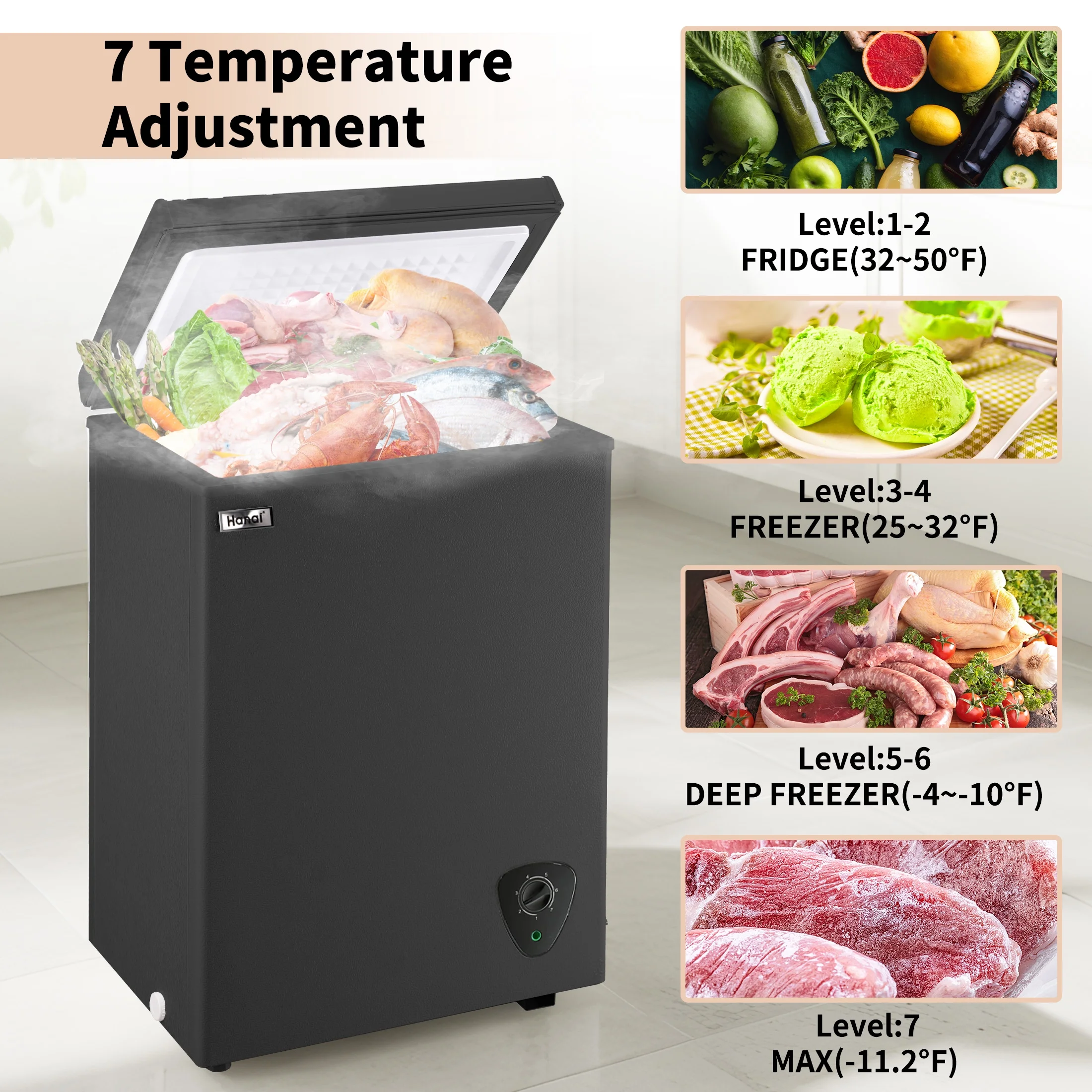 3.5 Cubic Chest Freezer with Top Open Door,Removable Storage Basket,7 Gears Temp Control,Energy Saving,Black - Image 3