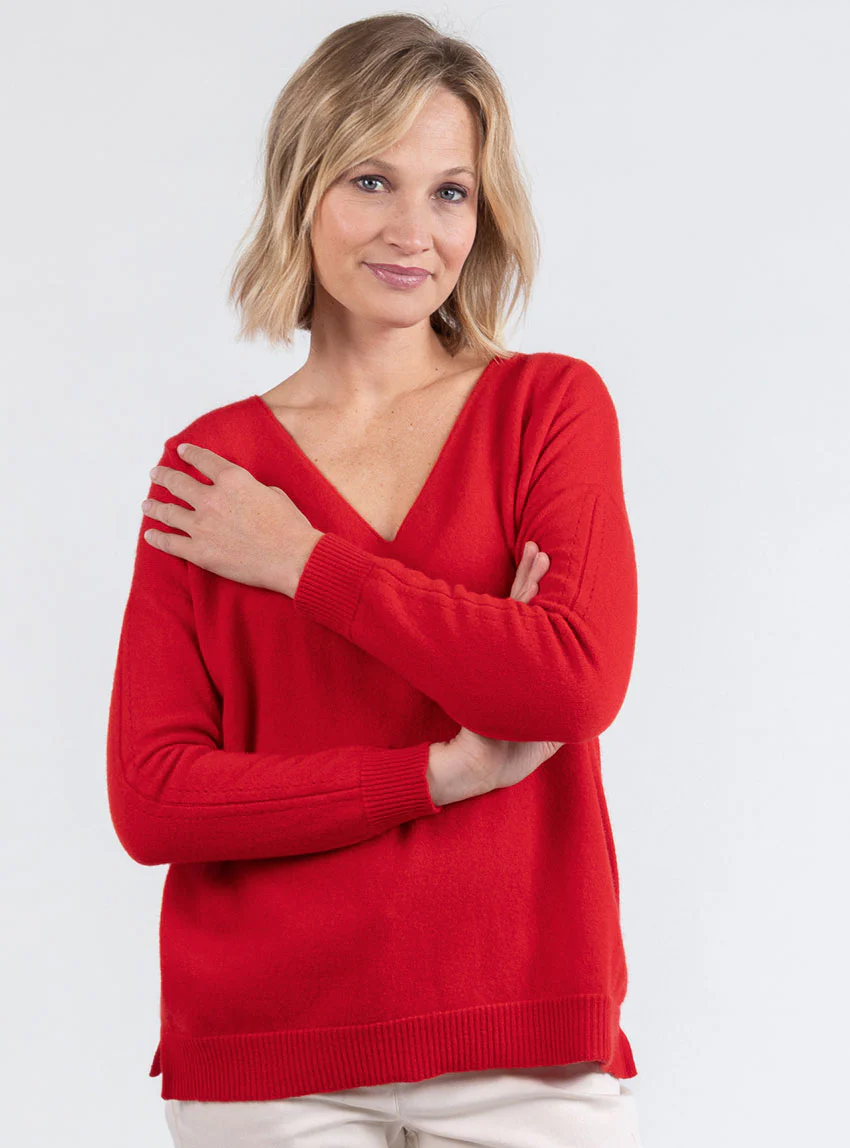 Pull femme col V laine et cachemire rouge tomate