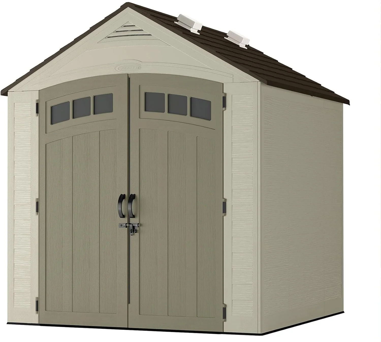 Abri de jardin 7x7 avec panneaux en résine multi-parois, 4 puits de lumière, système de ventilation IllumiVent et portes verrouillables par cadenas, 213 cm de profondeur x 213 cm de largeur x 249 cm de hauteur