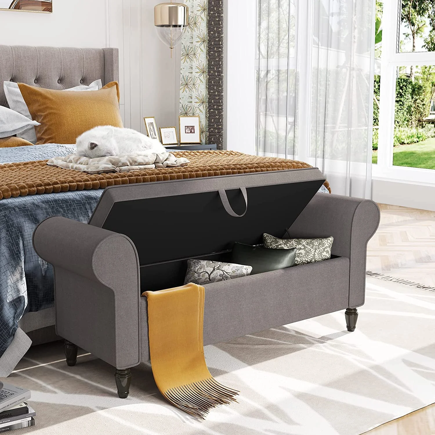 Storage Bench with Arms Upholstered Bench Settee for Bedroom Living Room Gray(Gray) Image 4