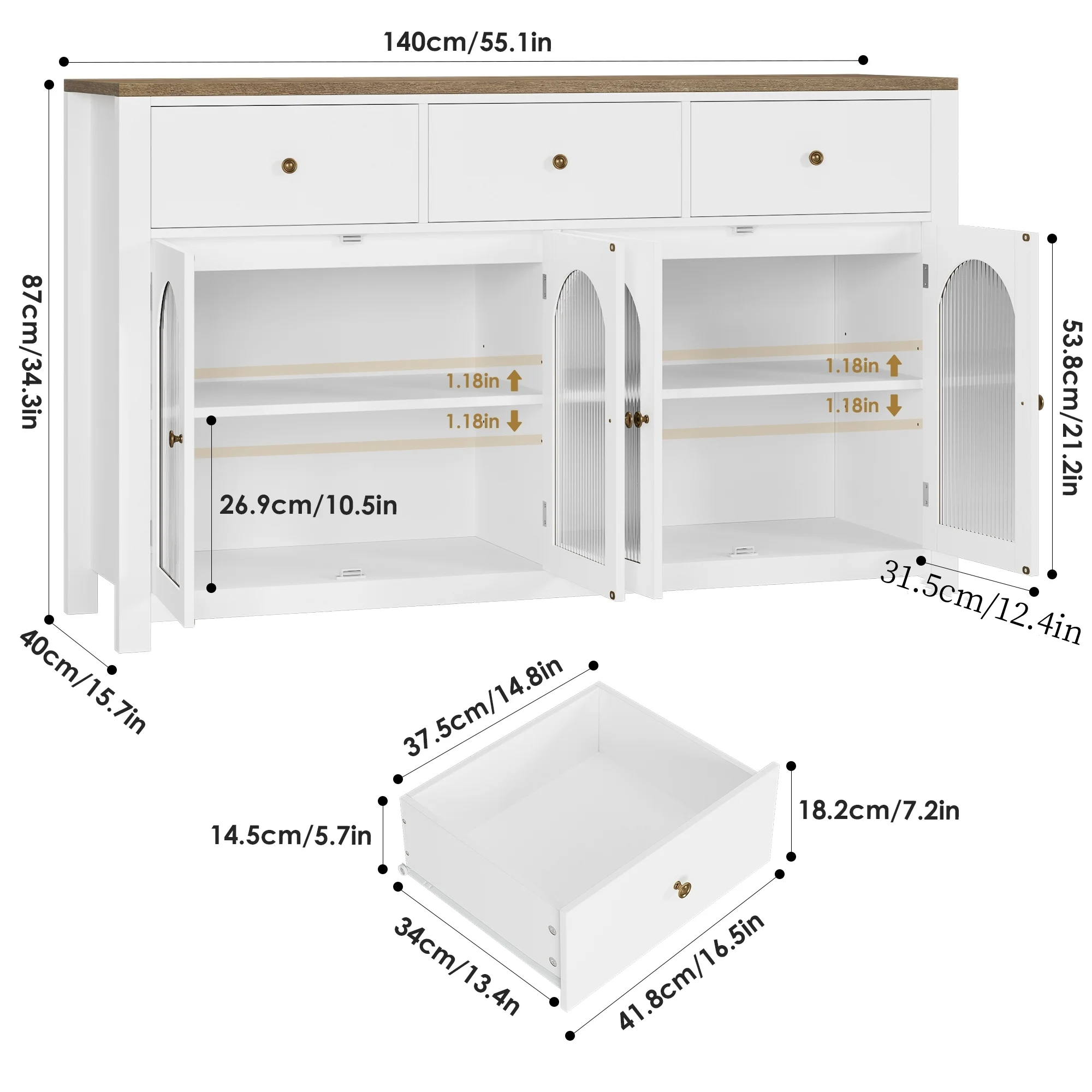 55'' Large Sideboard Buffet Cabinet, Kitchen Storage Cabinet with 3 Drawers and 4 Glass Doors, Wood Coffee Bar Cabinet for Living Room, White(White) - Image 2
