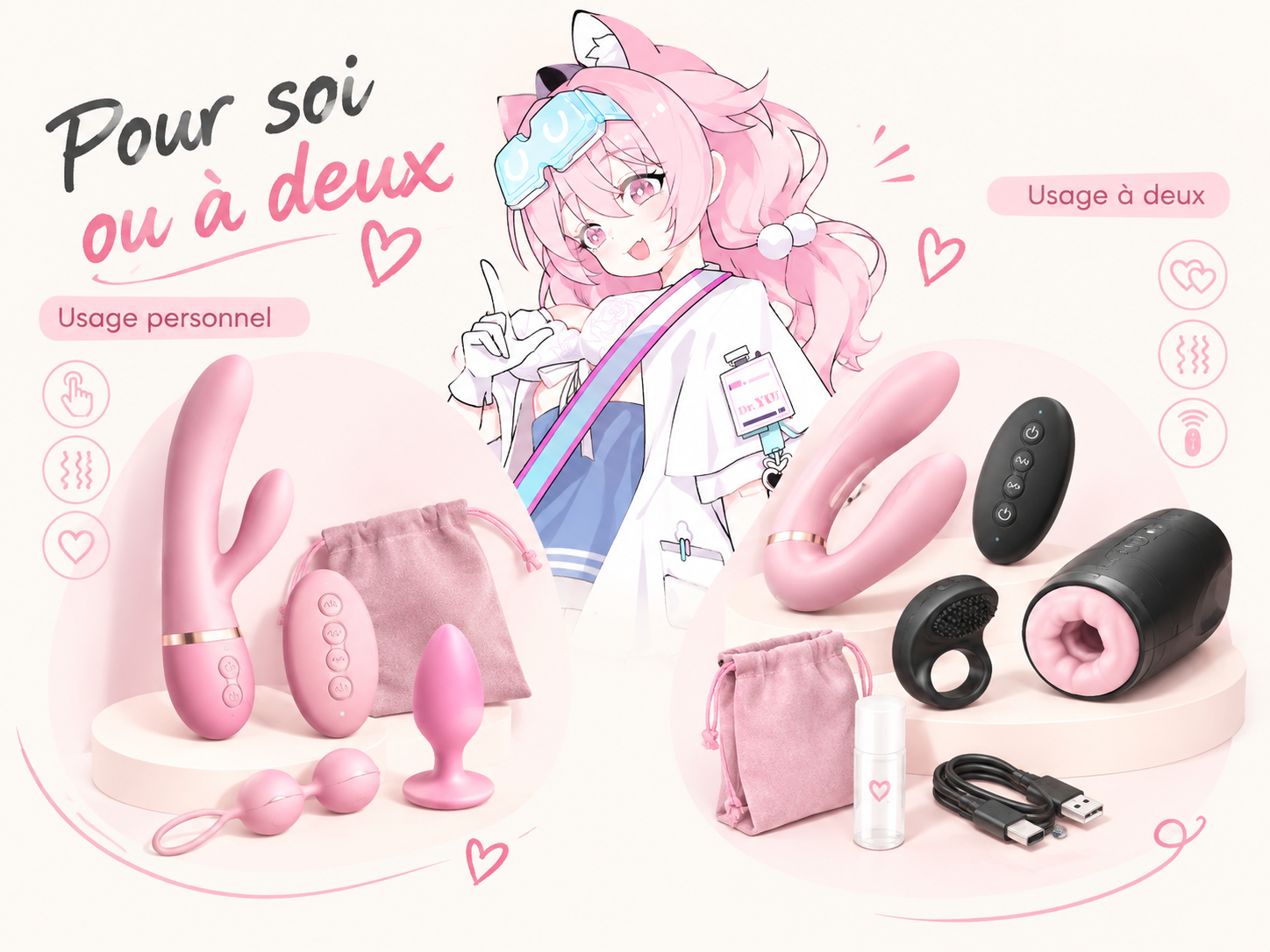 Illustration de jouets sexuels pour un usage personnel ou à deux, avec commandes et accessoires distincts