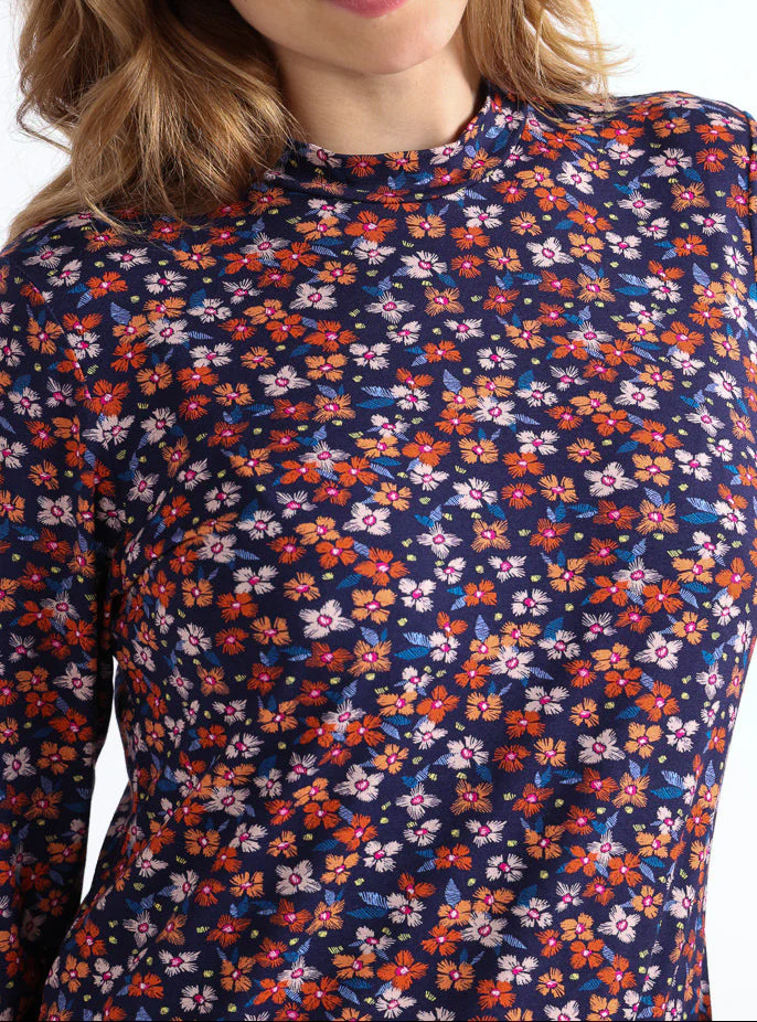 T-shirt femme coton à fleurs bleu marine