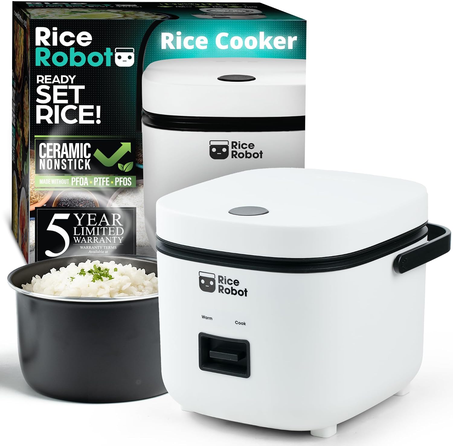 Rice Robot Personal Rice Cooker, PFAS-free, Nonstick1 Quart Capacity, with Stainless Steel Steamer Tray, Measuring Cups, Recipe Book with 60 Recipes, and Serving Spoon, As Seen On TV