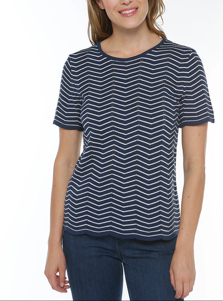 Pull femme coton manches courtes marine/crème