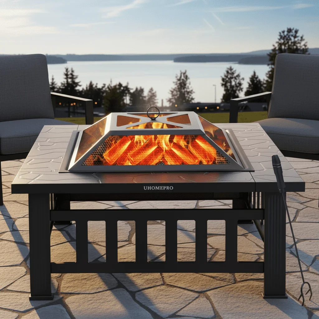 Fire Pits for Outside, UHOMEPRO 32 Square Iron Fire Pit Backyard Patio Garden Stove Wood Burning Fire Pit w/ BBQ Net, Waterprrof Cover, Mesh Screen Lid, Wood Grate, Poker, Durable Fire Pit