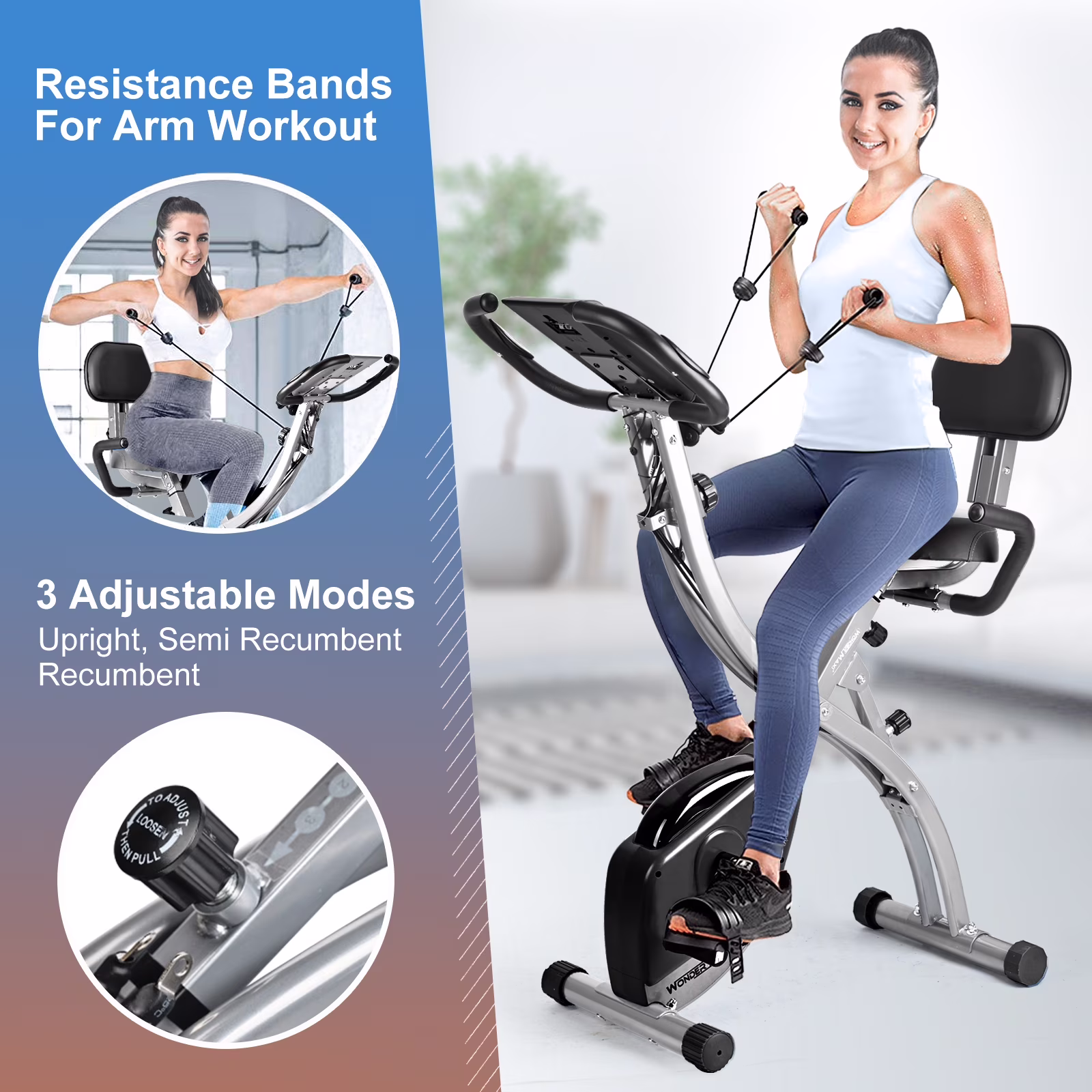 Foldable Exercise Bike for Home Magnetic Stationary Bike Indoor Cycling Upright Bicycle Indoor Cycle Recumbent Exercise Bike with Arm Resistance Bands