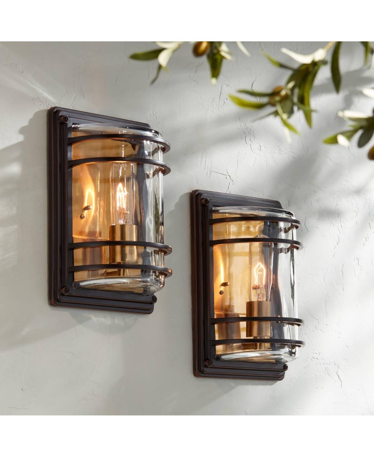 John Timberland Habitat Rustic Industrial Outdoor Wall Light Fixtures Set of 2 Bronze Warm Brass 11