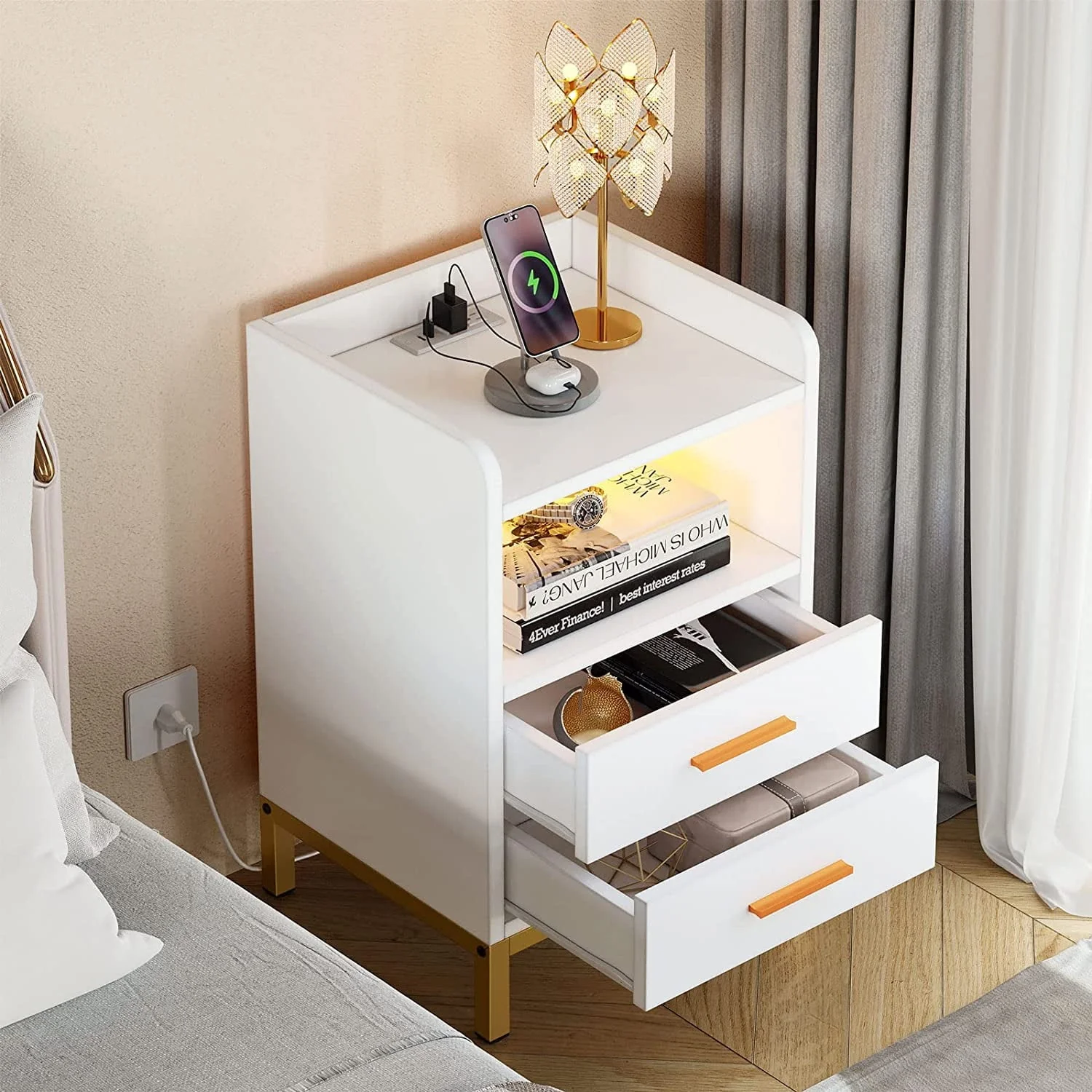 DEXTRUS Side Table with Charging Station, 3 Drawer LED Light Bedside End Table Nightstand for Bedroom Living Room Small Space, White(Black) Image 7