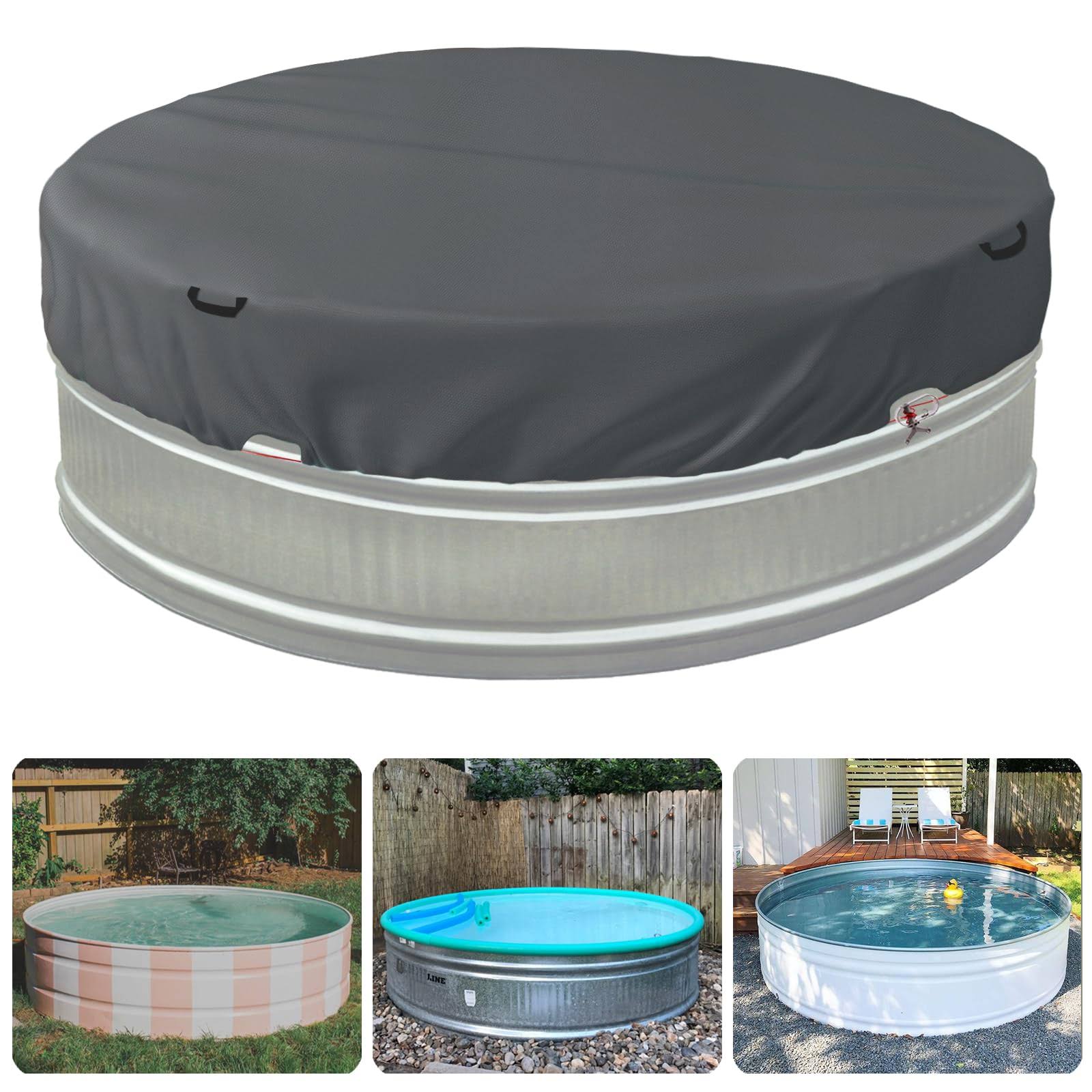 Bitubi 7-8 ft Steel Round Stock Tank Pool Cover,Upgraded with Drawstring Design Increase Stability(Grey)