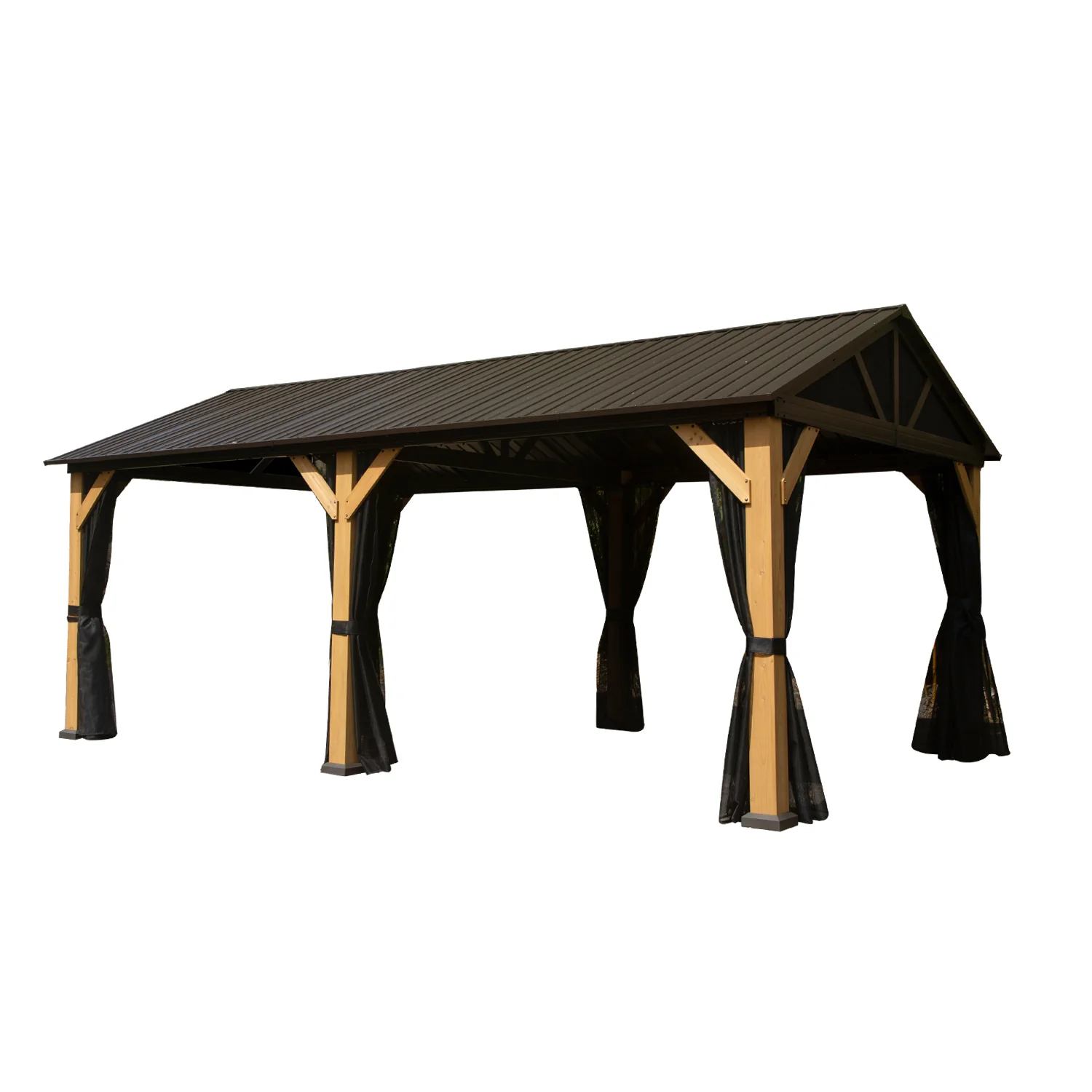 AECOJOY 12'x20' Wood Gazebo, Cedar Frame Hardtop Gazebo with Galvanized Steel Roof, Netting & Curtains
