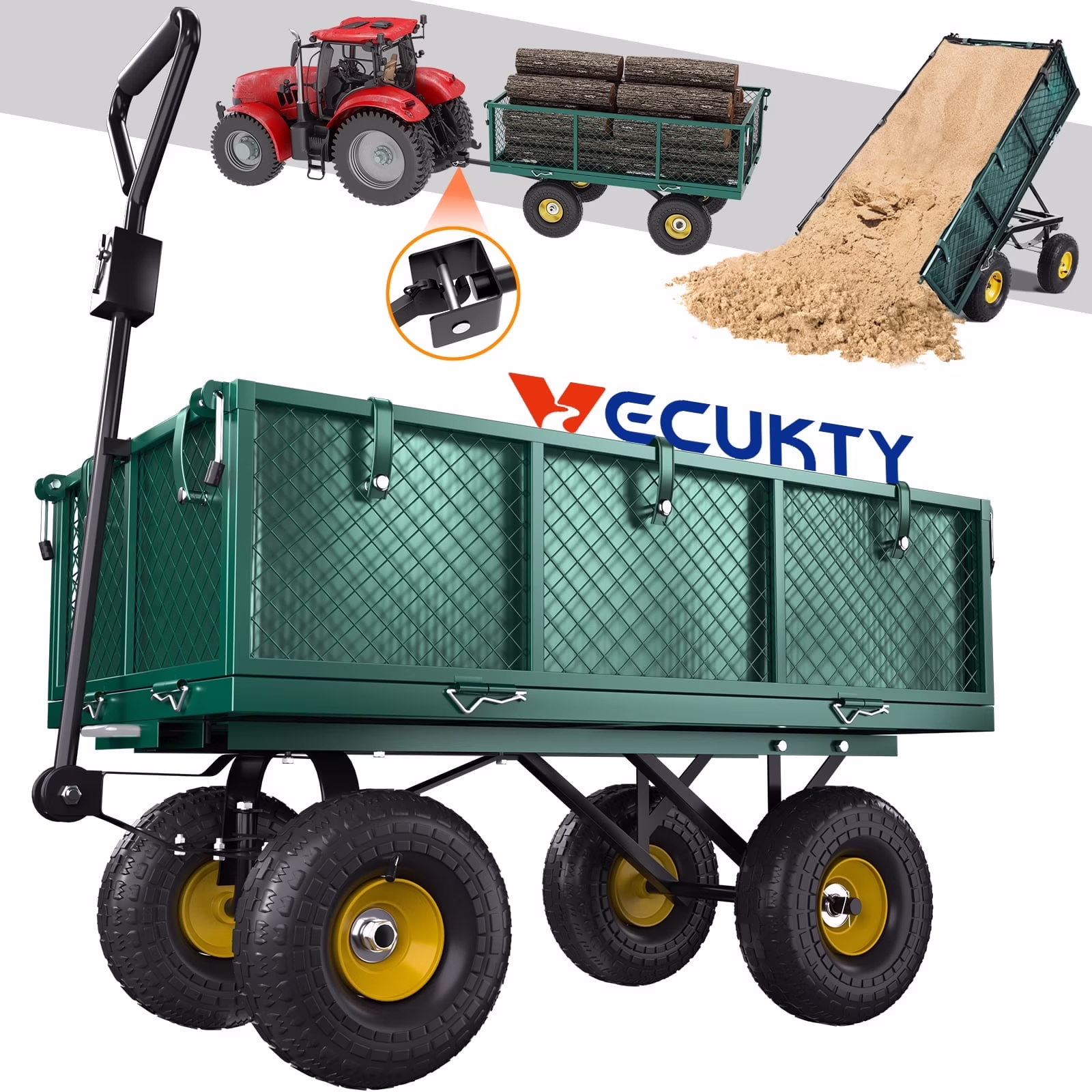 VECUKTY Heavy Duty Steel Dump Garden Cart with Liner, 900lbs Wagon 3 Cu ft 10 Wheel, Black