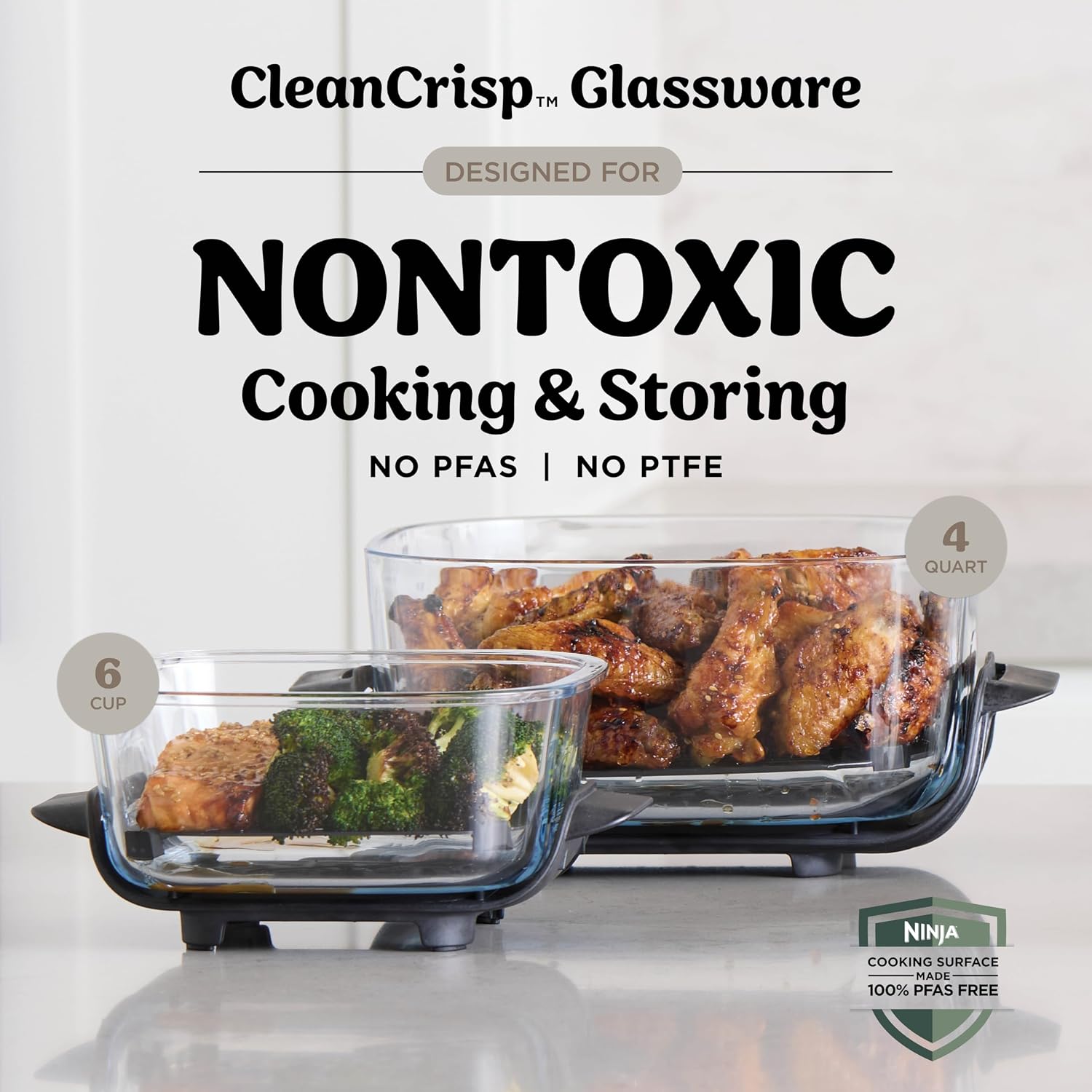 Ninja Crispi Glass Air Fryer, 4-in-1, Stone, FN101ST| Max crisp, bake, air fry, recrisp, 450F max, 4 Qt and 6 Cup containers, PFAS-free glass