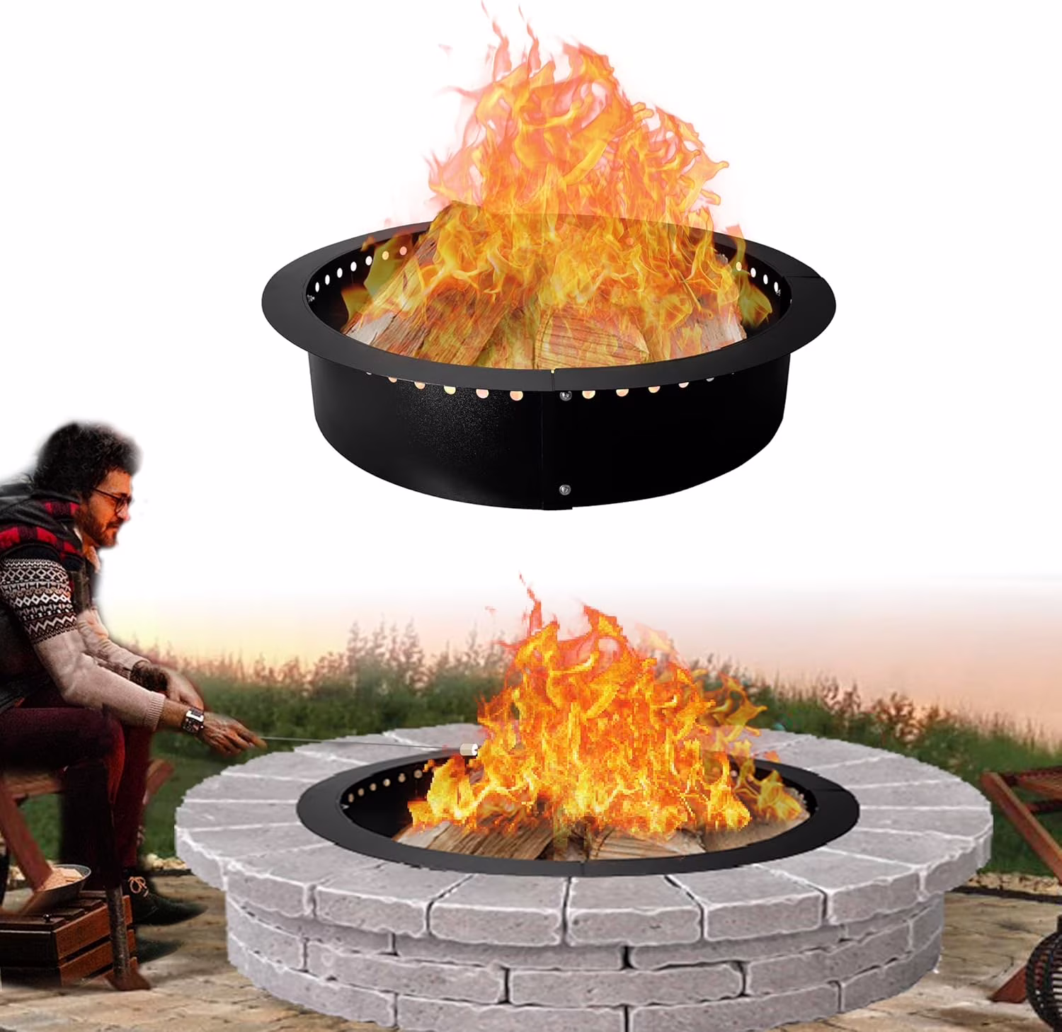 Smokeless firepit ring 45",Steel Round, Foldable Fire Pit Ring with Air Vents and Coller Support fire pit ring