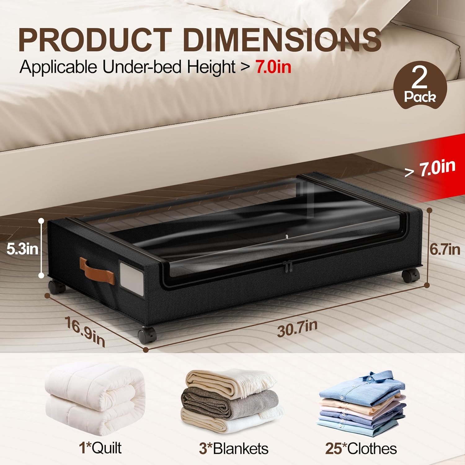 LAMU Under Bed Storage with Wheels, 2-Pack Underbed Storage Containers, Black
