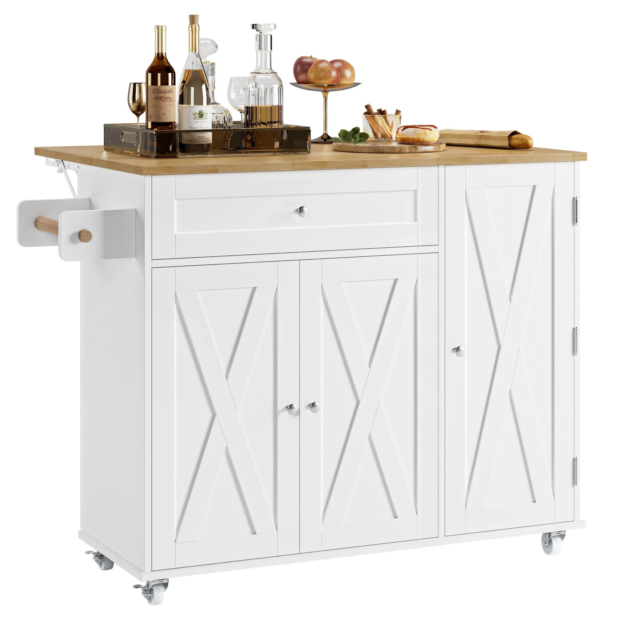 Kitchen Island with Storage, 27.6" W Wood Kitchen Island Cart with Drop Leaf, White Rolling Cart with Lockable Wheels - Image 3