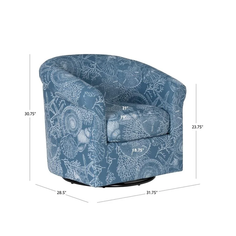 Rhea Fully Upholstered Coastal Swivel Club Chair in Blue Seashell Pattern(Denim Coastal Blue) - Image 9