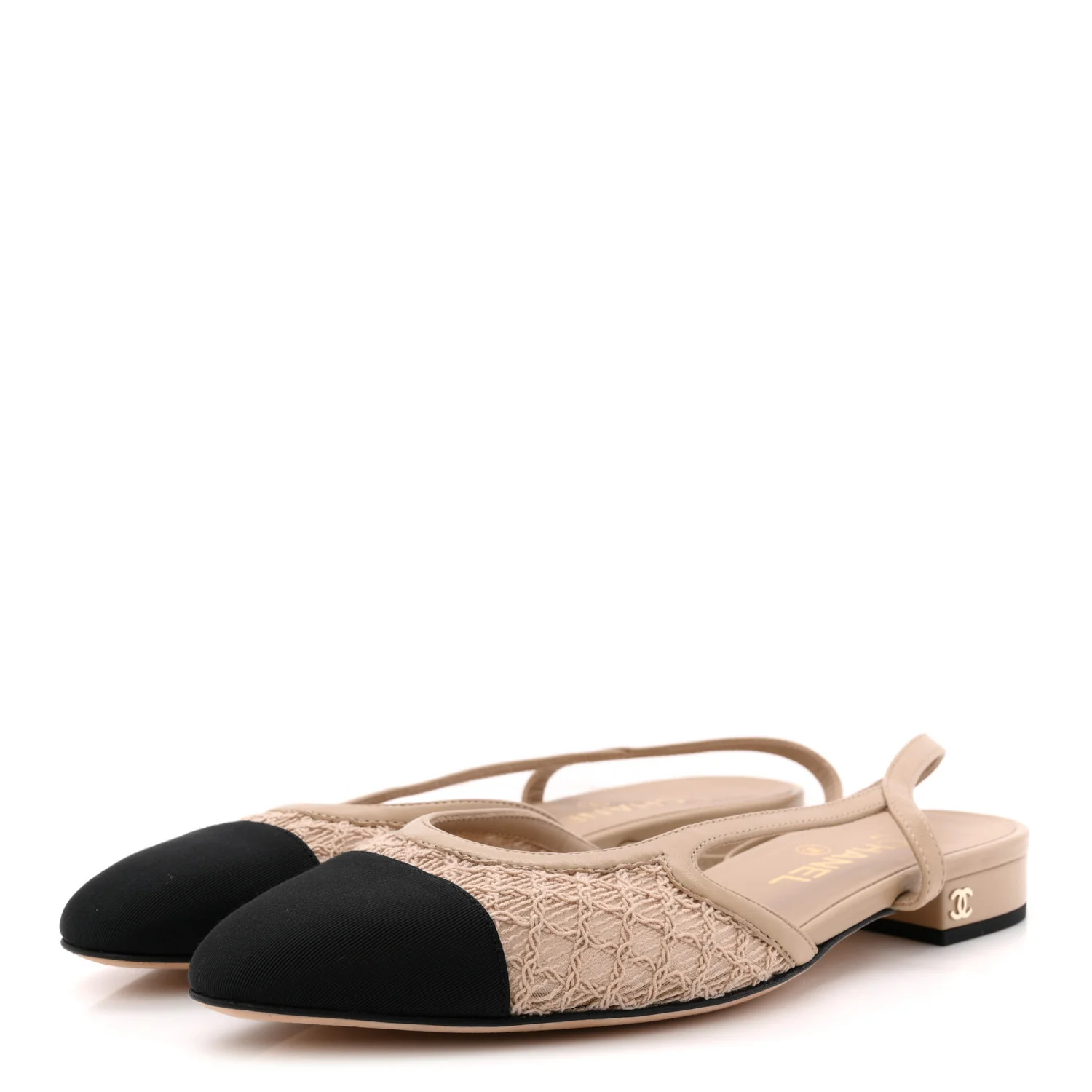 Embroidery Grosgrain Cap Toe CC Slingback Flats 38.5 Beige Black