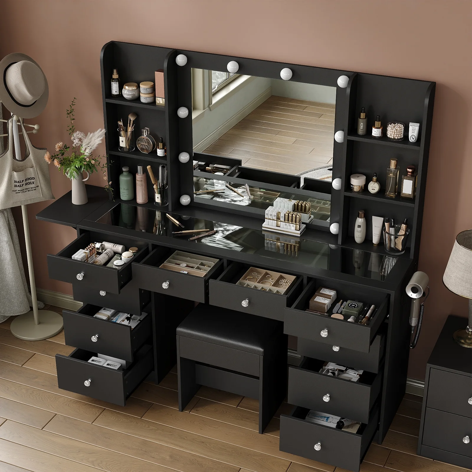 Yanosaku Vanity with Power Outlet, Vanity Desk with Mirror and 10 LED Lights, 10 Drawers Makeup Vanity with 6 Shelves, Fold - up Panel, Vanity Table with Chair for Bedroom