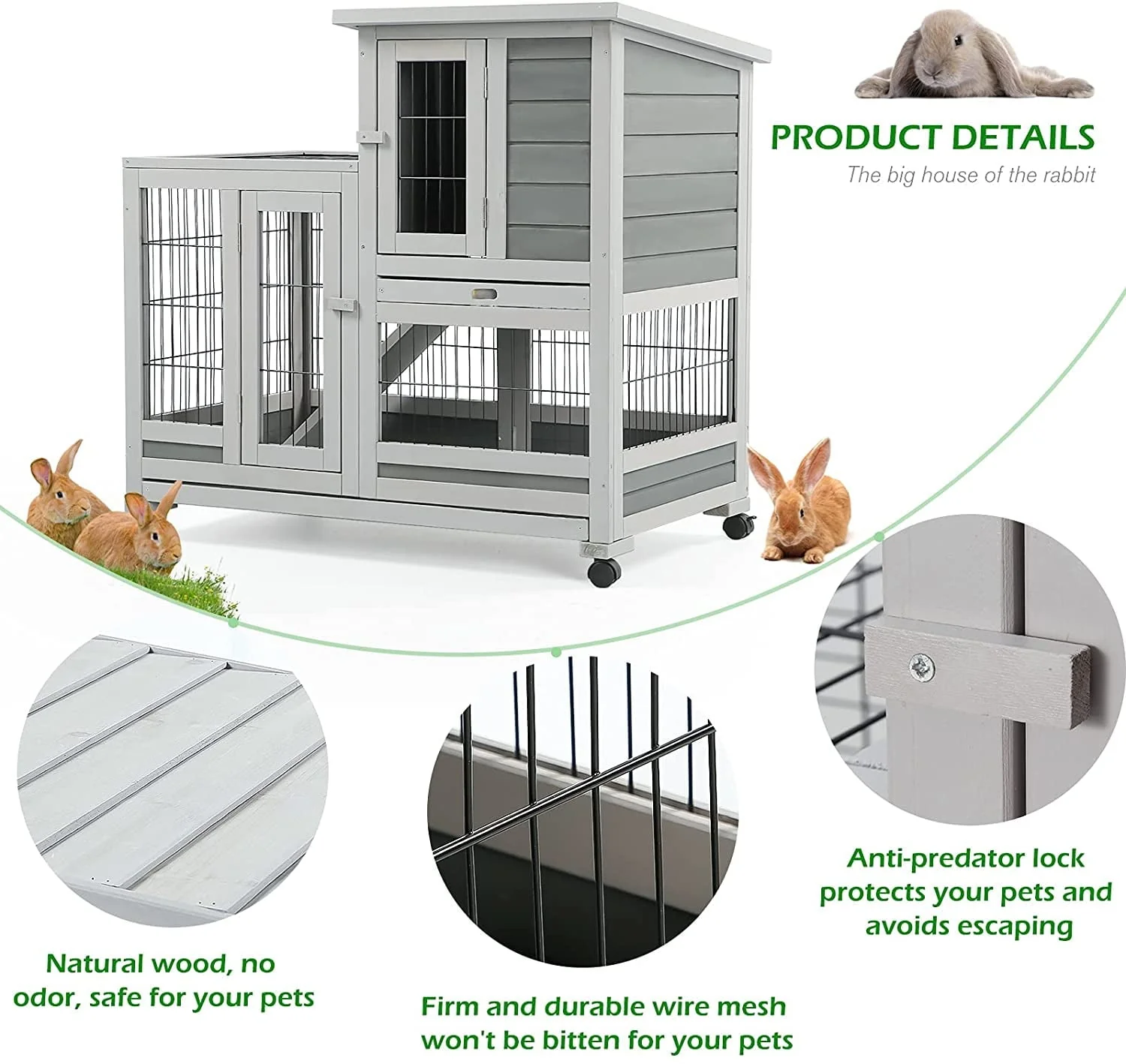Indoor Rabbit Hutch Bunny Cage Large Pet House for Small Animal with Wheels Image 5