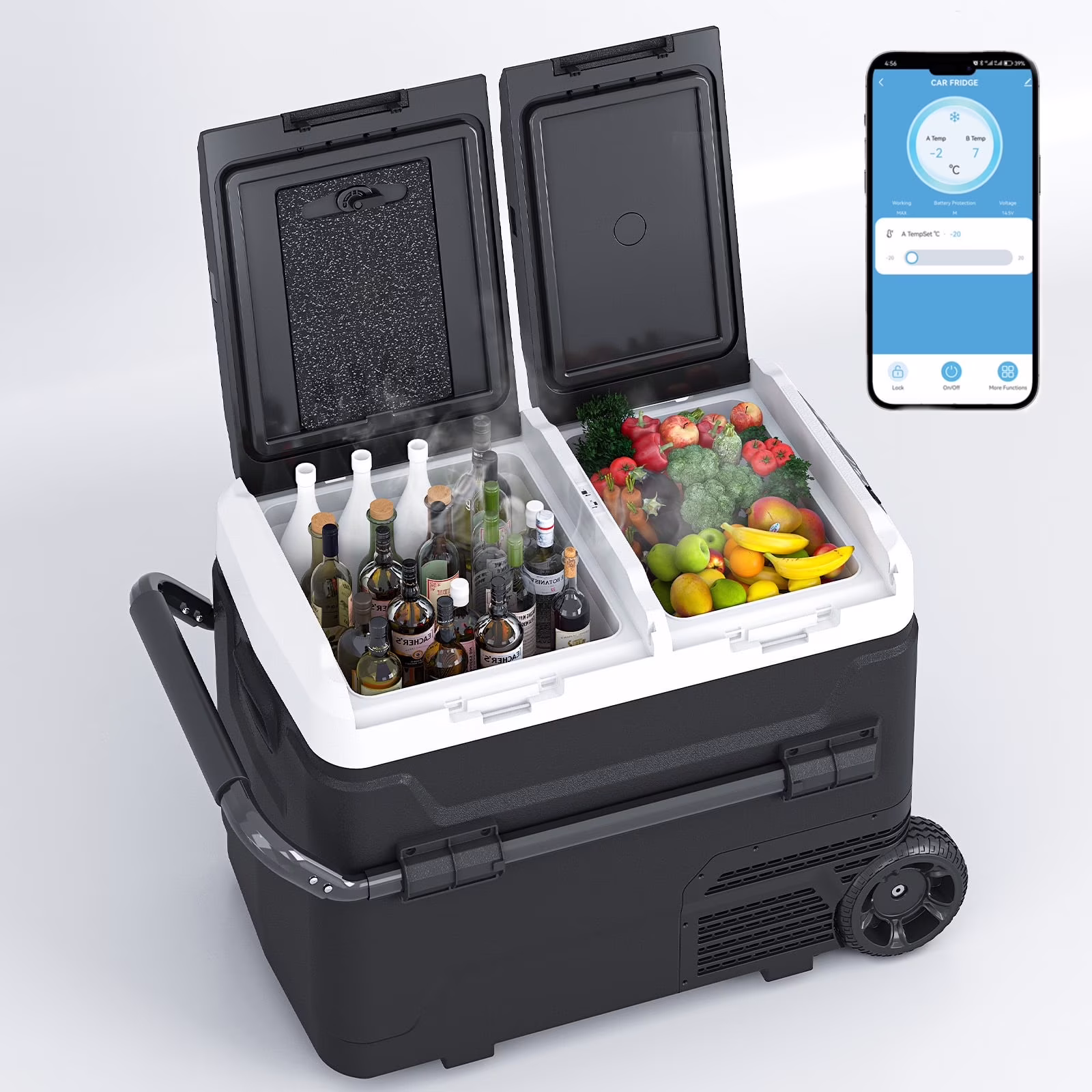 DISHUP 12V Portable Car Refrigerator, 53QT(50 L) Electric Cooler with Dual Zone, DC & AC, Ideal for RV, Camping, Travel, Truck