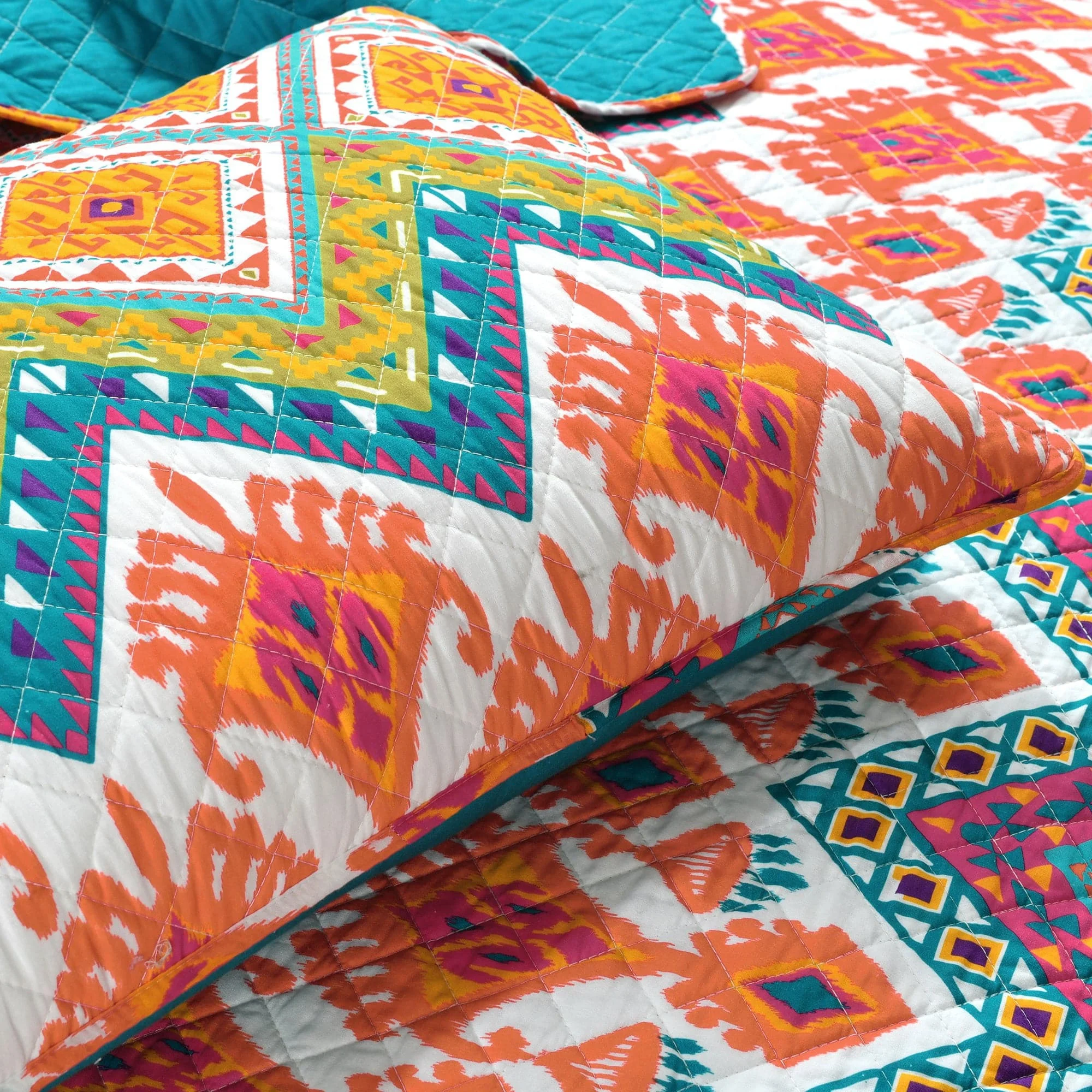 Lush Decor Boho Chevron Cotton Reversible Quilt, Full/Queen, Turquoise/Multi, 3-Pc Set(Full/Queen/Turquoise_Multi)