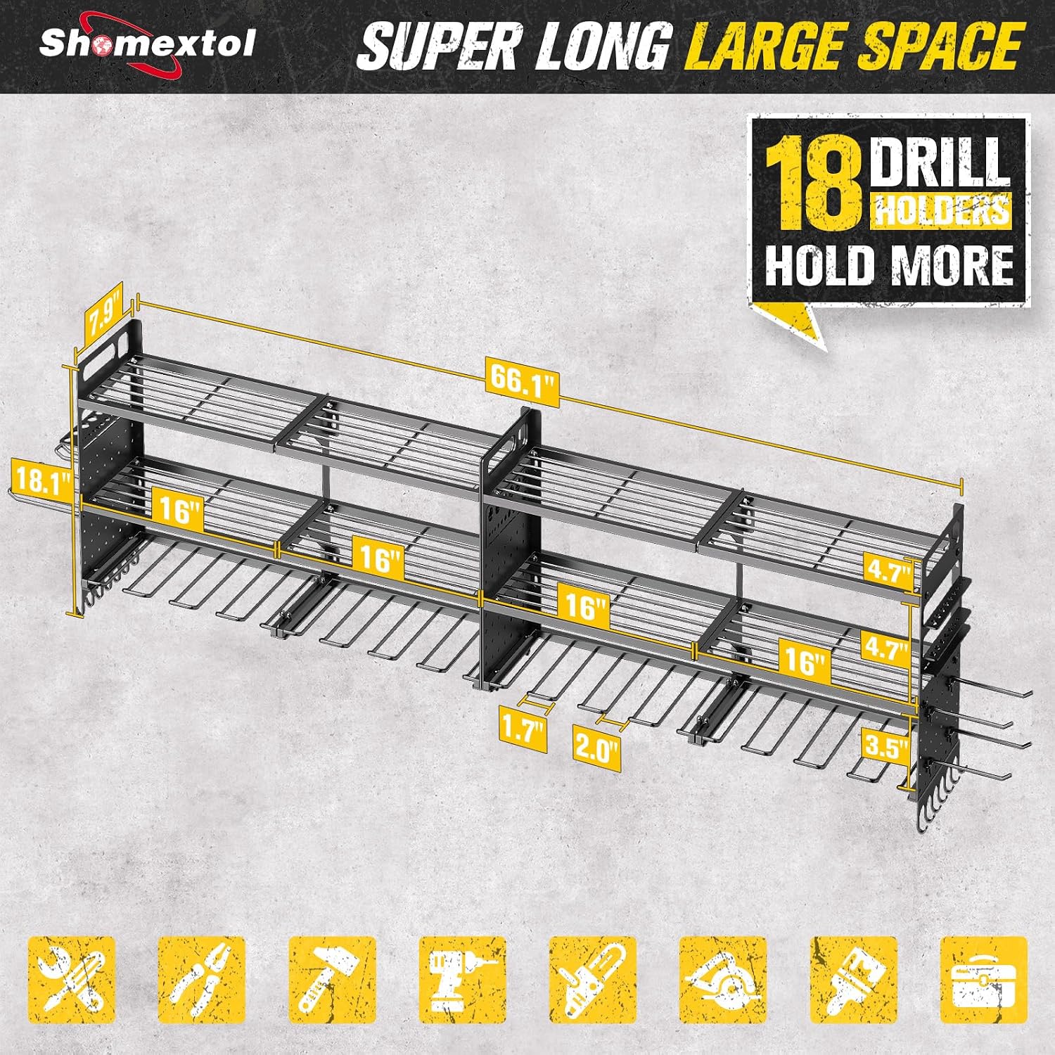 2 Pack Power Tool Organizer Wall Mount, 3-Layer, 18 Drill Holders
