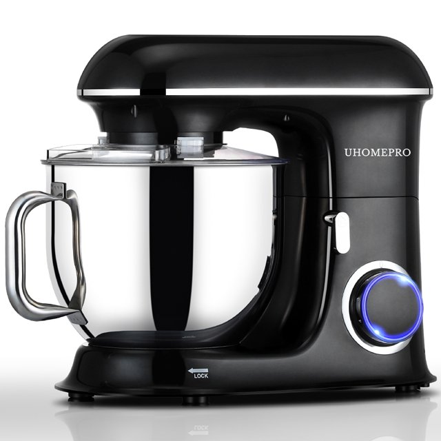 Robot pâtissier uhomepro 7,5 L, 6 vitesses + 0 + P, tête inclinable, 660 W, idéal pour la cuisine professionnelle. Comprend un crochet pétrisseur, un batteur, un fouet à œufs et une spatule. Compatible lave-vaisselle.