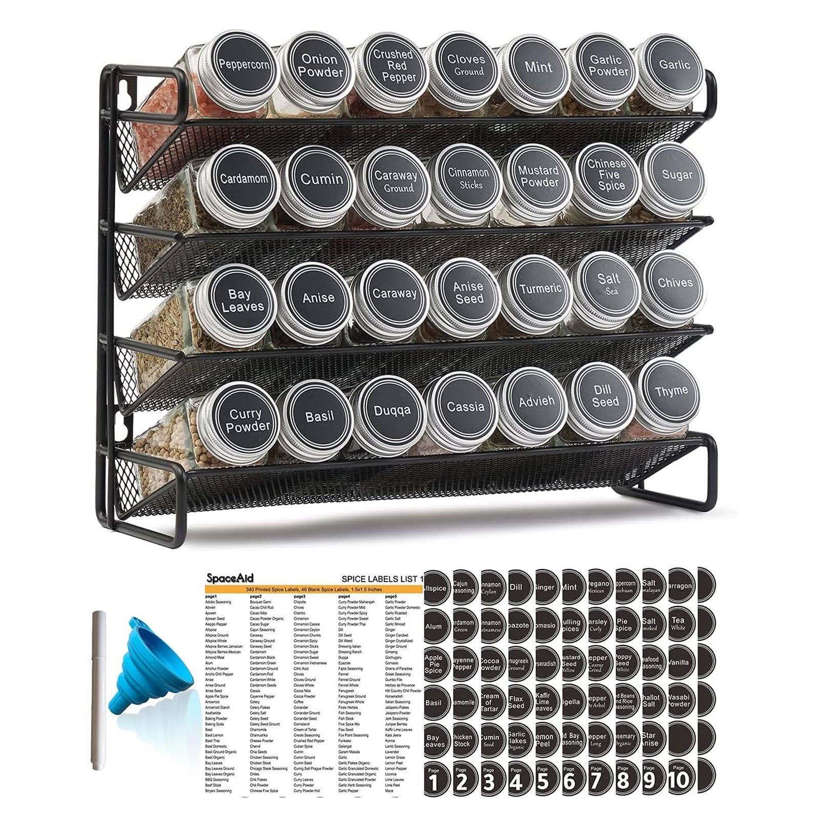 SpaceAid Spice Rack Organizer with 28 Spice Jars, 386 Spice Labels, Chalk Marker and Funnel Set for Cabinet, Countertop, Pantry, Cupboard or Door & Wa