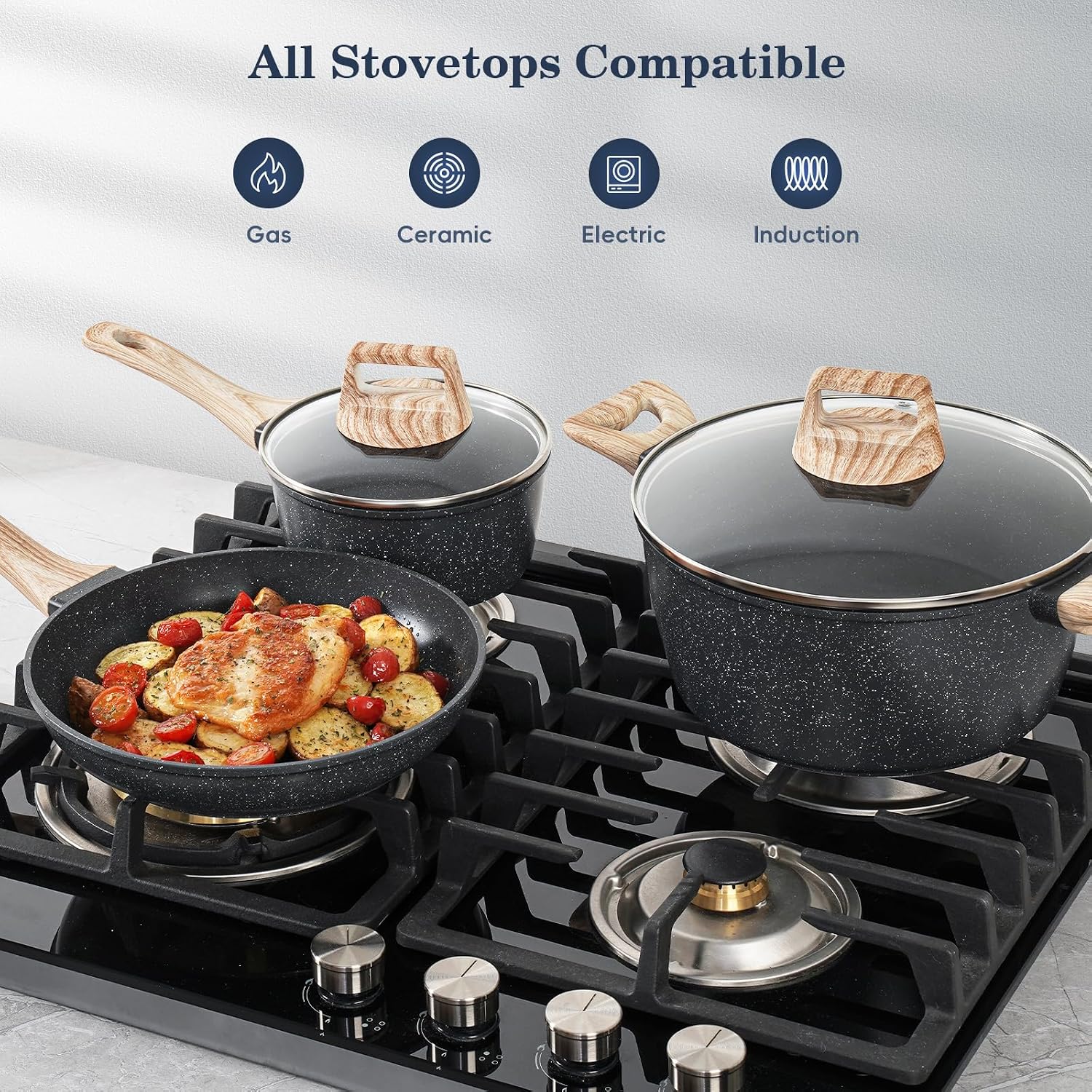 SODAY Pots and Pans Set Non Stick, 12Pcs Black Granite Induction Cookware
