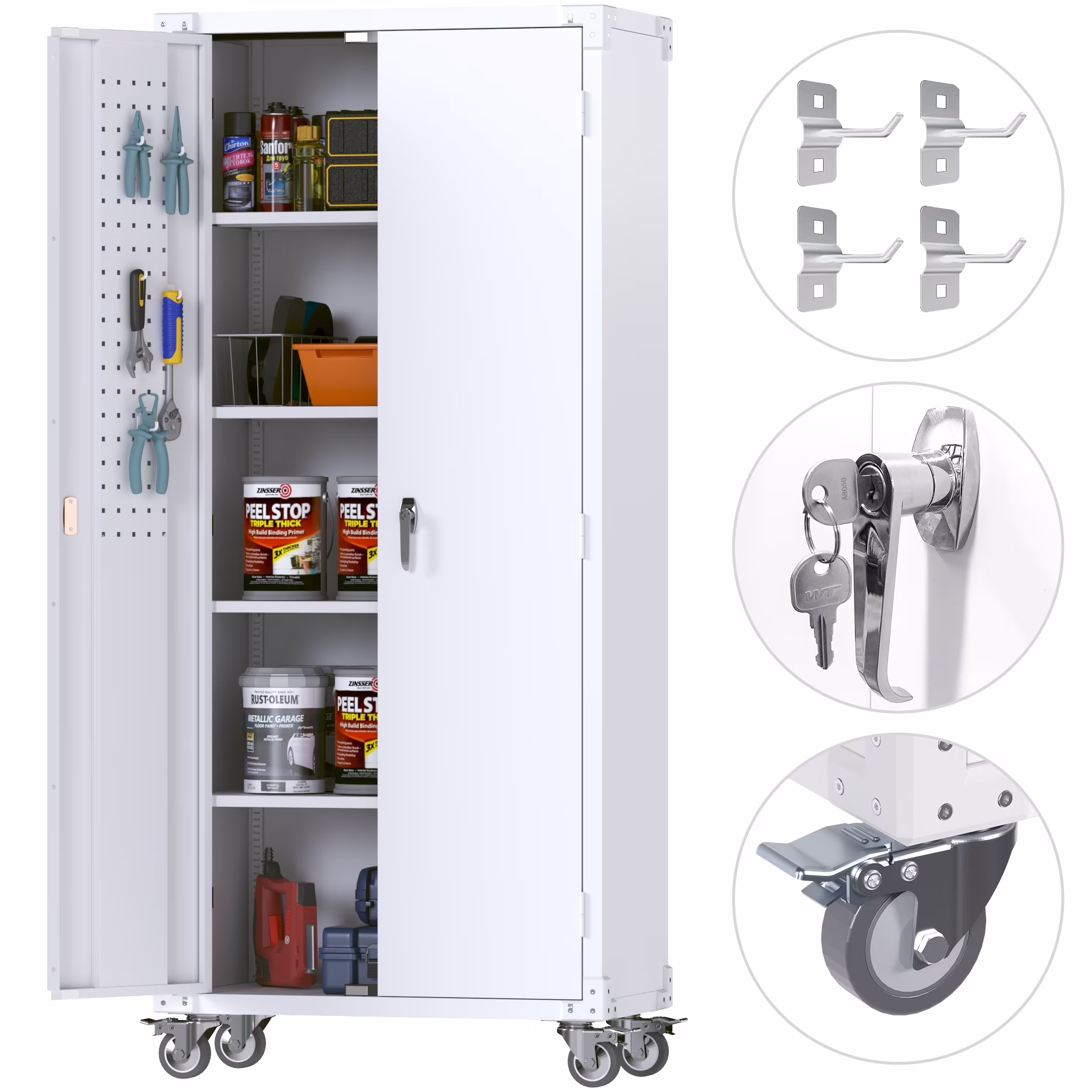 Metal Rolling Storage Cabinet, 72 inch Steel Lockable Cabinet with Multipurpose Pegboard and Adjustable Shelves, Tall Tool Cabinet for Office, Home, Storage, Assembly Required(Black)(72'' Black Cabinet with Pegboard) - Image 3