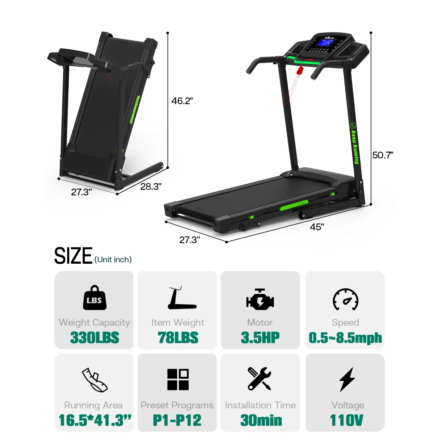 3.5HP 330 LBS Weight Foldable Electric Running Walking Machine with Bluetooth/APP for Home, Fitness Jogging Exercise, Easy Installation and Space Saver for Home Office Gym(3.5HP-Black) - Image 6
