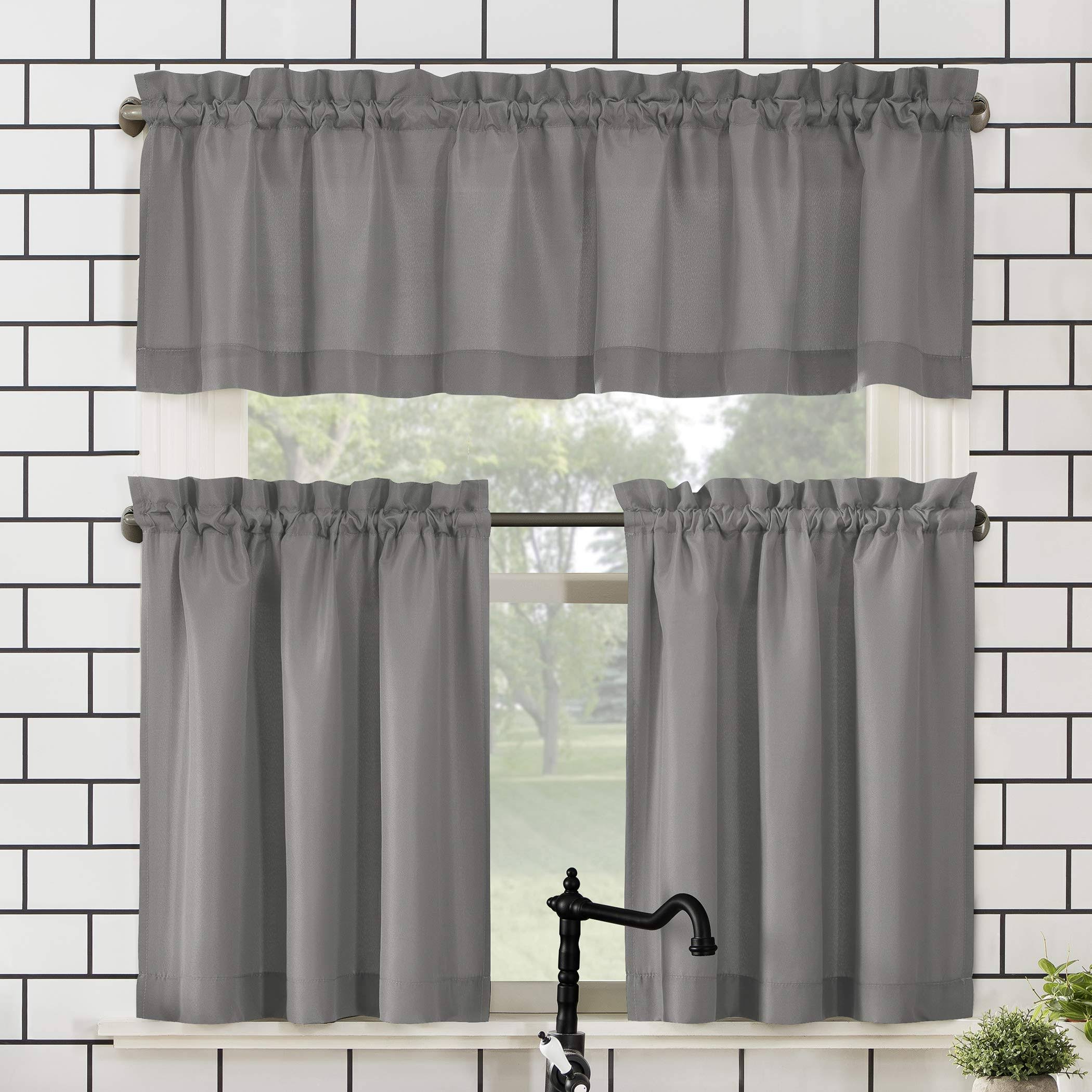 No. 918 Martine Microfiber Semi-Sheer Rod Pocket Kitchen Curtain Valance and Tiers Set - Gray - 54
